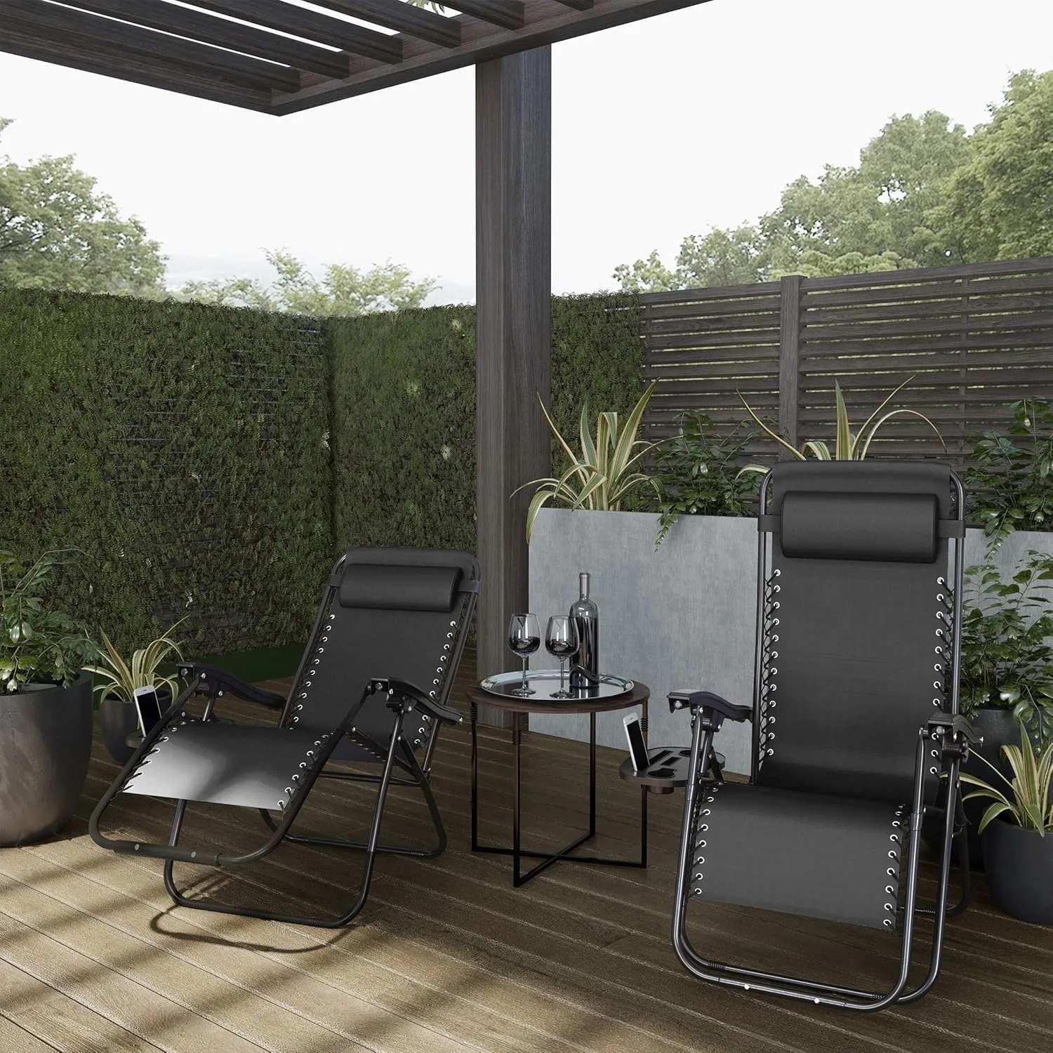 Lavish Home Zero Gravity Chairs - Set of 2 Outdoor Chairs with Side Tables with 2 Cupholders, Phone, and Tablet Holder and Chair Pillow (Black)
