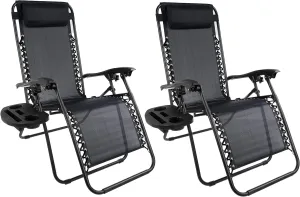 Lavish Home Zero Gravity Chairs - Set of 2 Outdoor Chairs with Side Tables with 2 Cupholders, Phone, and Tablet Holder and Chair Pillow (Black)
