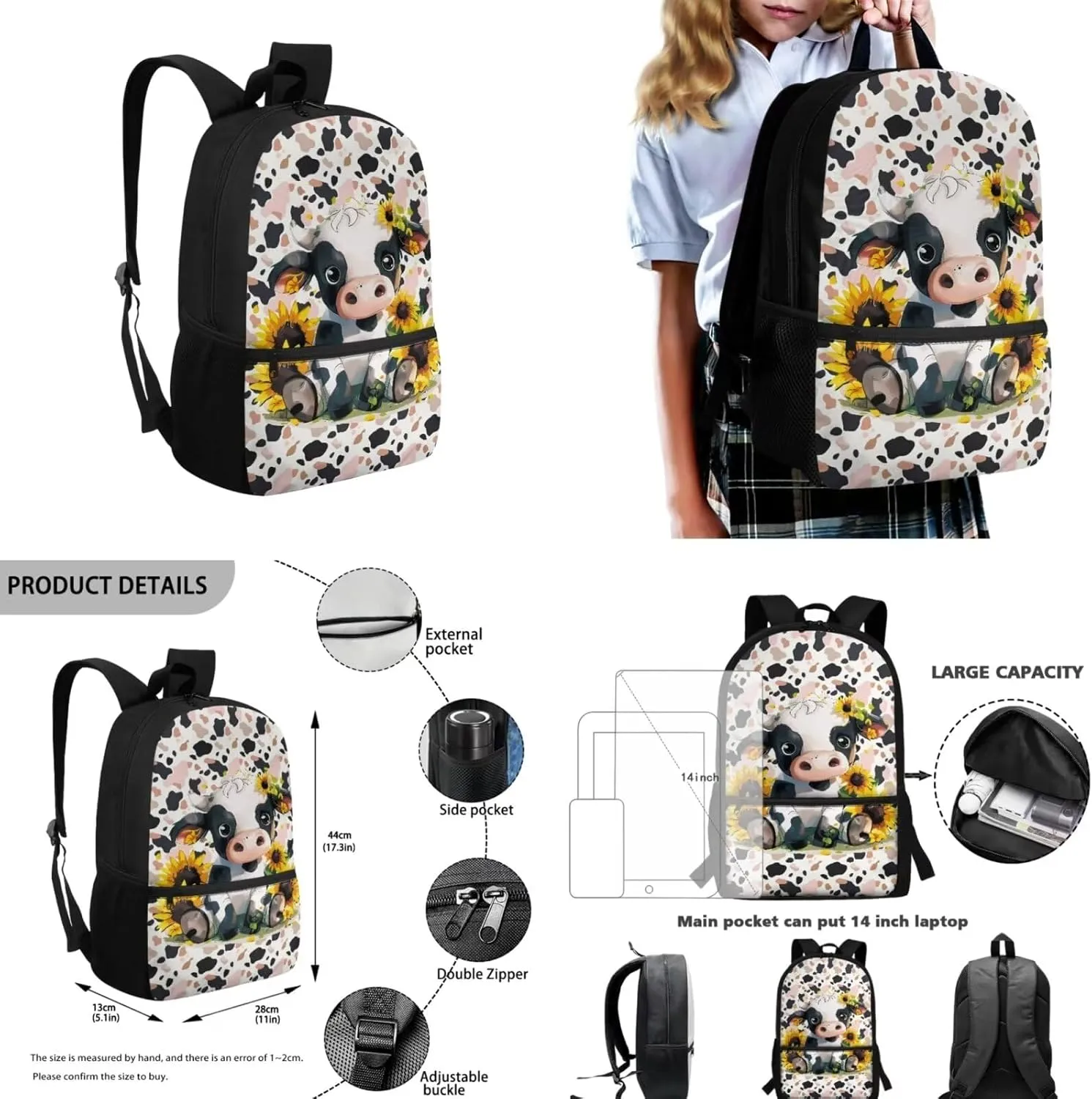 Leopard Cow Boys Backpacks Ages 6-8 with Lunch Box Large Capacity School Bags for Boy with Lunch Bag Cute Pencil Cases for Elementary School Middle School