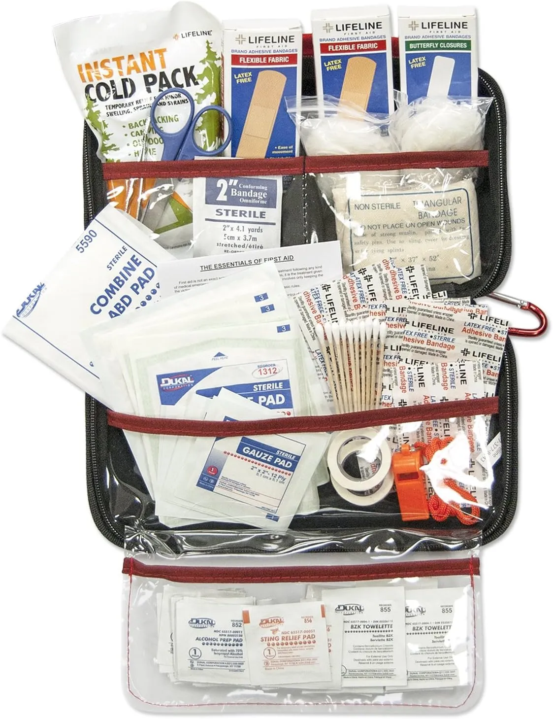 LIFELINE-4180 AAA 121 Piece Road Trip First Aid Kit packaged in compact hard shell foam carry case, ideal for emergency use in cars, camping, hiking, or offices alike- Red