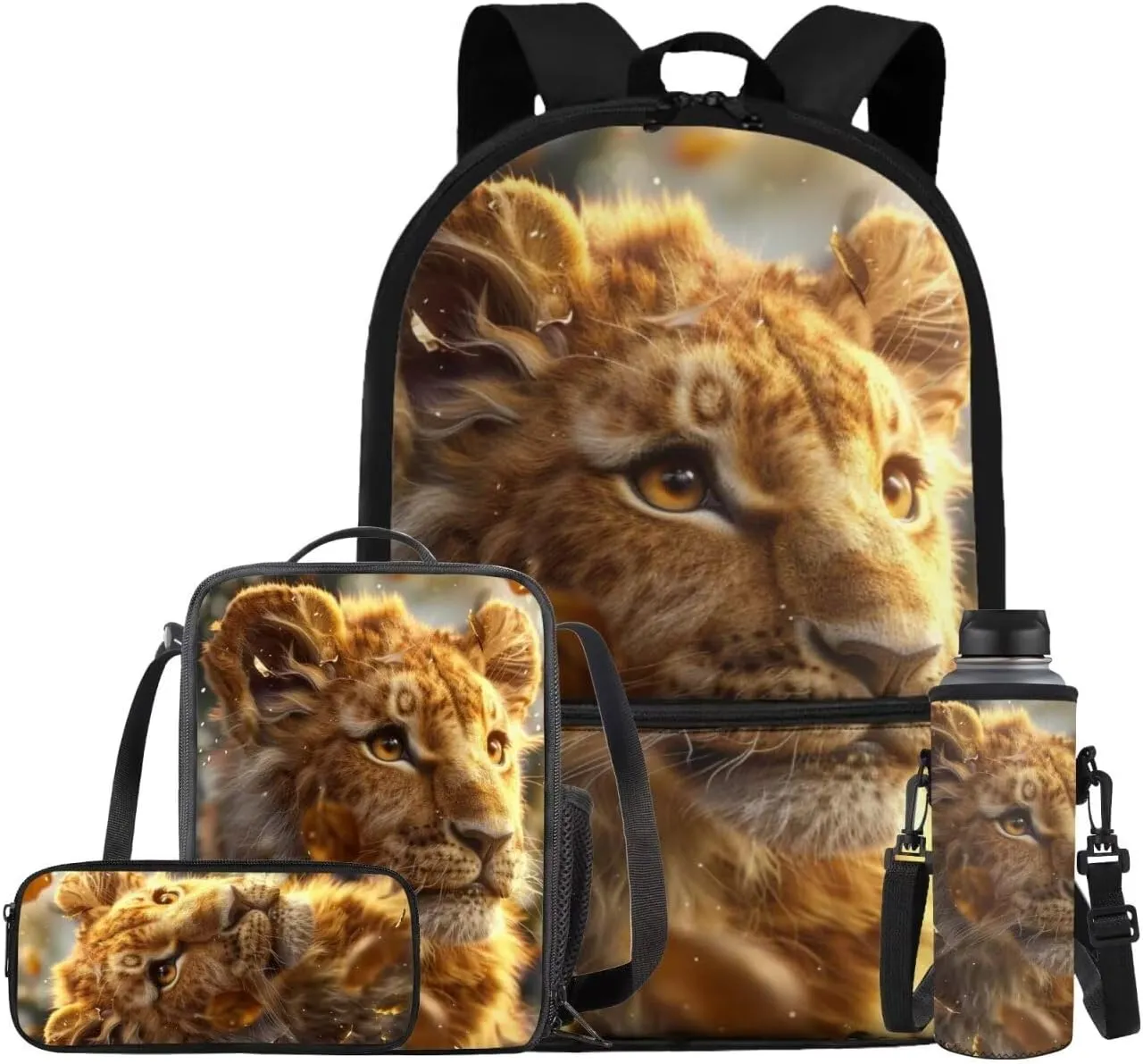Lion Backpack for Kids Girls Backpack with Lunch Box Water Bottle Pouch and Big Pencil Pouch 4PCS Set Large Bookbag with Front Pocket 17 inch Large School Bag for Boys Kids Back to School Gift
