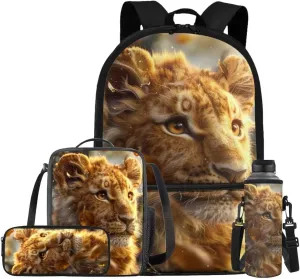 Lion Backpack for Kids Girls Backpack with Lunch Box Water Bottle Pouch and Big Pencil Pouch 4PCS Set Large Bookbag with Front Pocket 17 inch Large School Bag for Boys Kids Back to School Gift