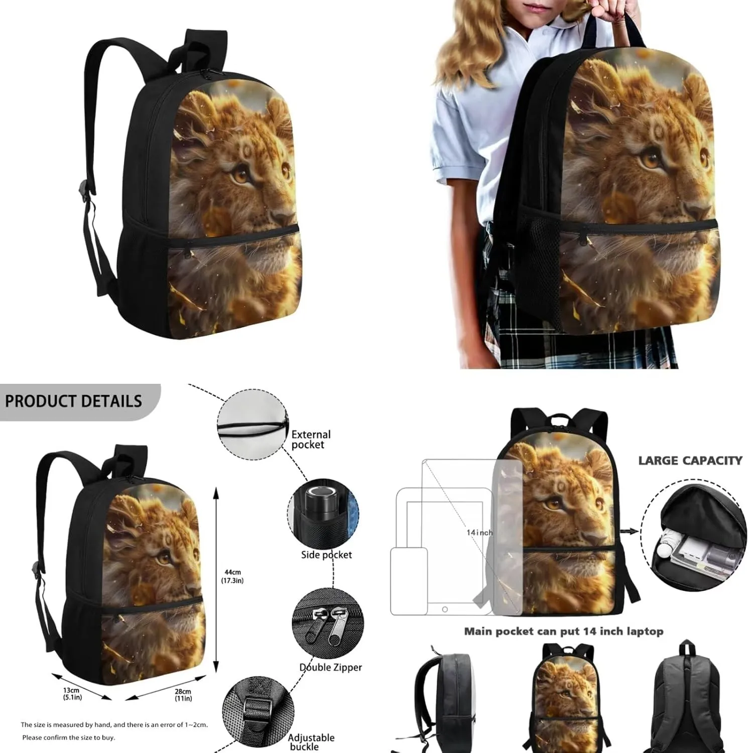 Lion Backpack for Kids Girls Backpack with Lunch Box Water Bottle Pouch and Big Pencil Pouch 4PCS Set Large Bookbag with Front Pocket 17 inch Large School Bag for Boys Kids Back to School Gift