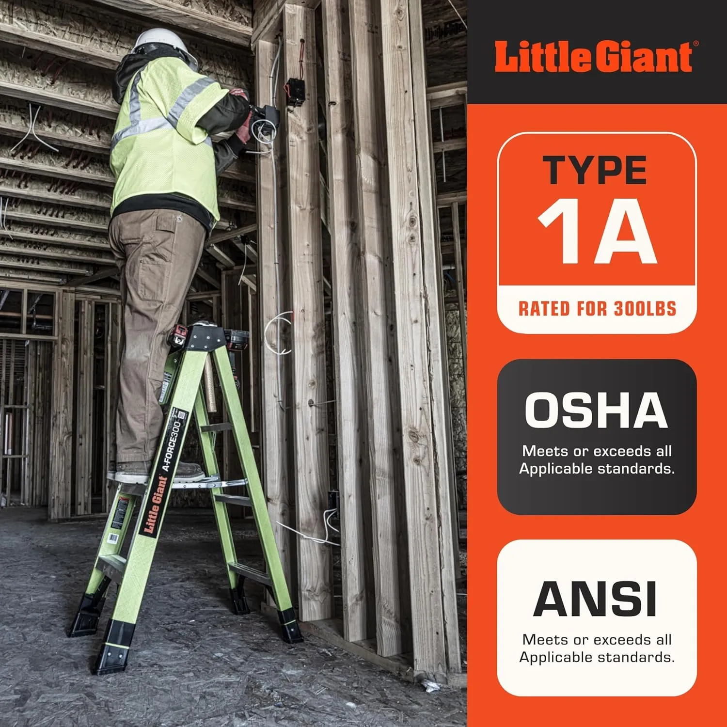 Little Giant A-Force300 4 Ft Ladder with 5in Spreader Step, Lightweight Non-Conductive Fiberglass Step Ladder with Slip-Resistant Feet, 300 Lbs. Capacity Type IA Extra Heavy Duty A-Frame Stepladder