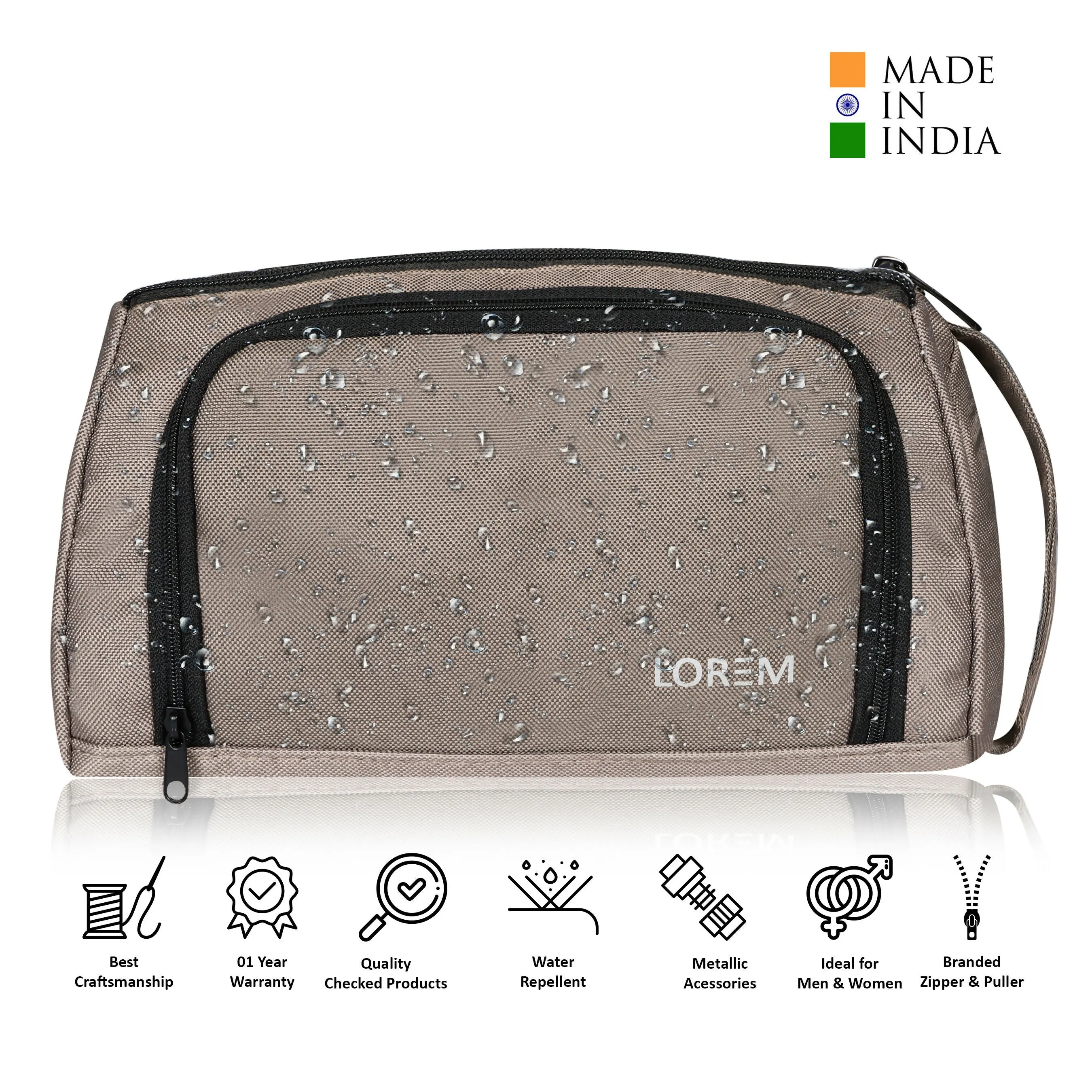 LOREM OG12 Grey & Black PVC-Coated Matty Fabric Pouch – Large Stationery & Small Makeup Organizer