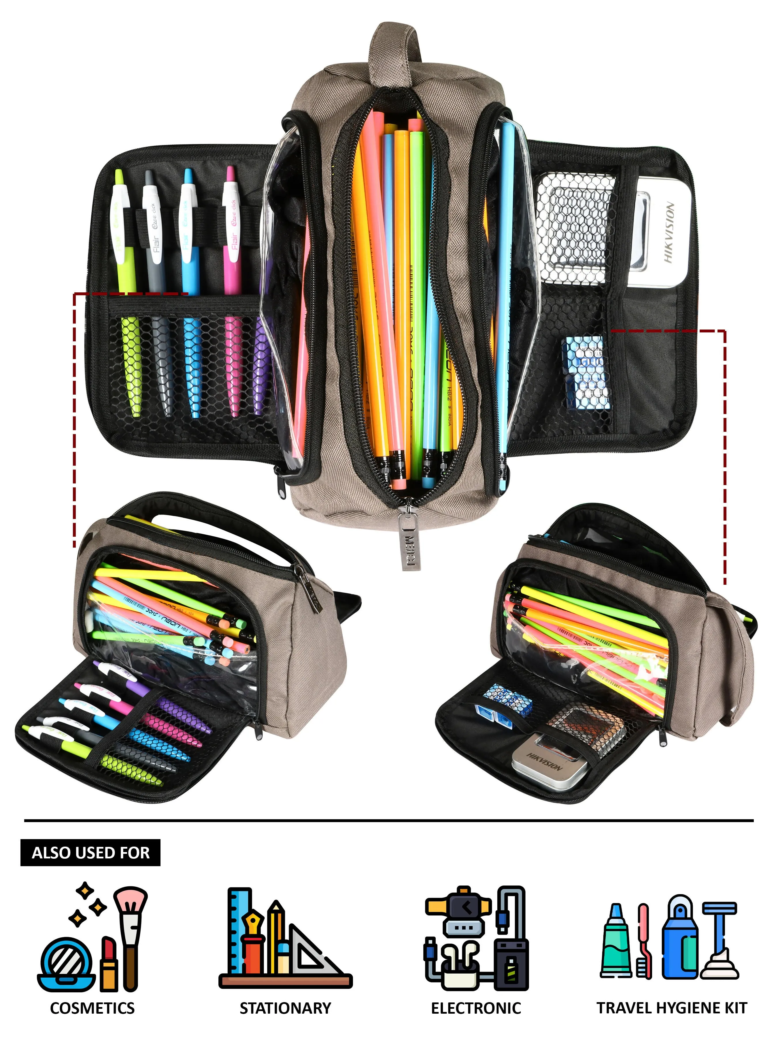 LOREM OG12 Grey & Black PVC-Coated Matty Fabric Pouch – Large Stationery & Small Makeup Organizer