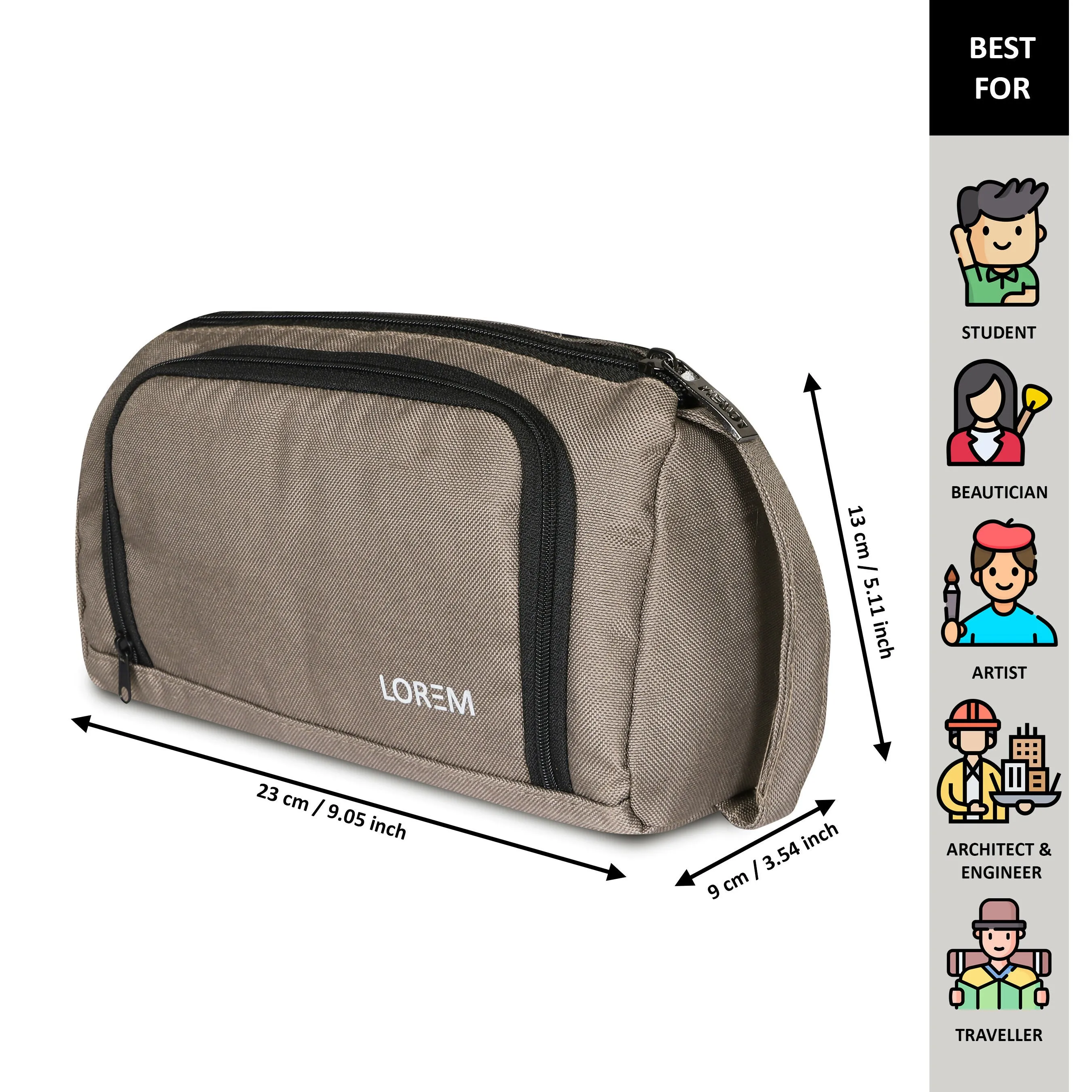 LOREM OG12 Grey & Black PVC-Coated Matty Fabric Pouch – Large Stationery & Small Makeup Organizer