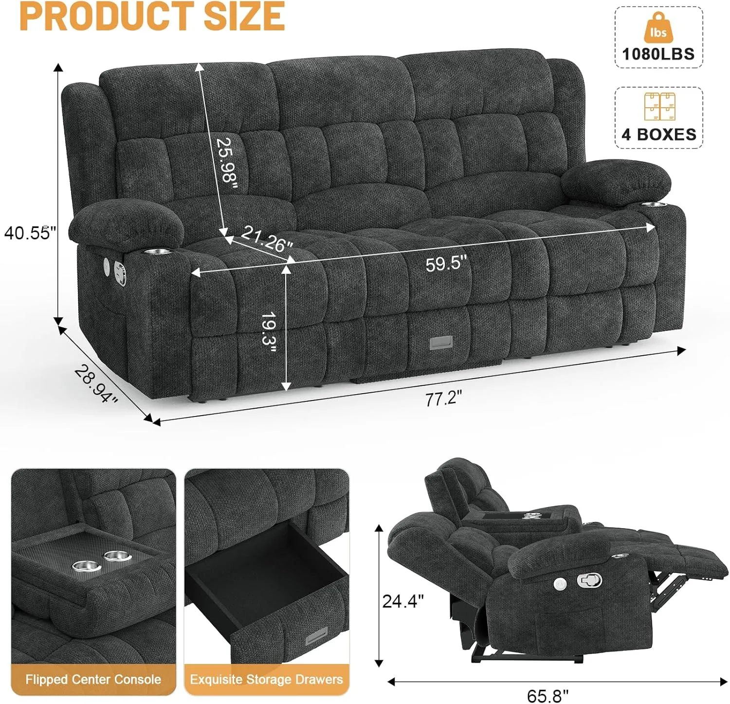 Loveseat Recliner Sofa, Flip Middle Backrest Design 3 Seat Reclining Sofa with Storage Drawer, USB Ports & Cup Holders, Manual Couch for Living Room/RV (Gray)