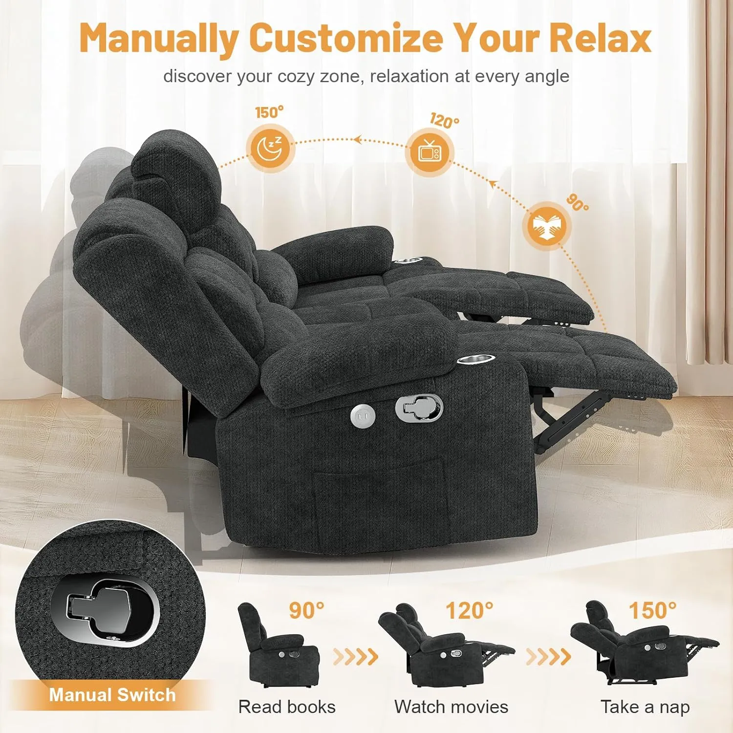 Loveseat Recliner Sofa, Flip Middle Backrest Design 3 Seat Reclining Sofa with Storage Drawer, USB Ports & Cup Holders, Manual Couch for Living Room/RV (Gray)