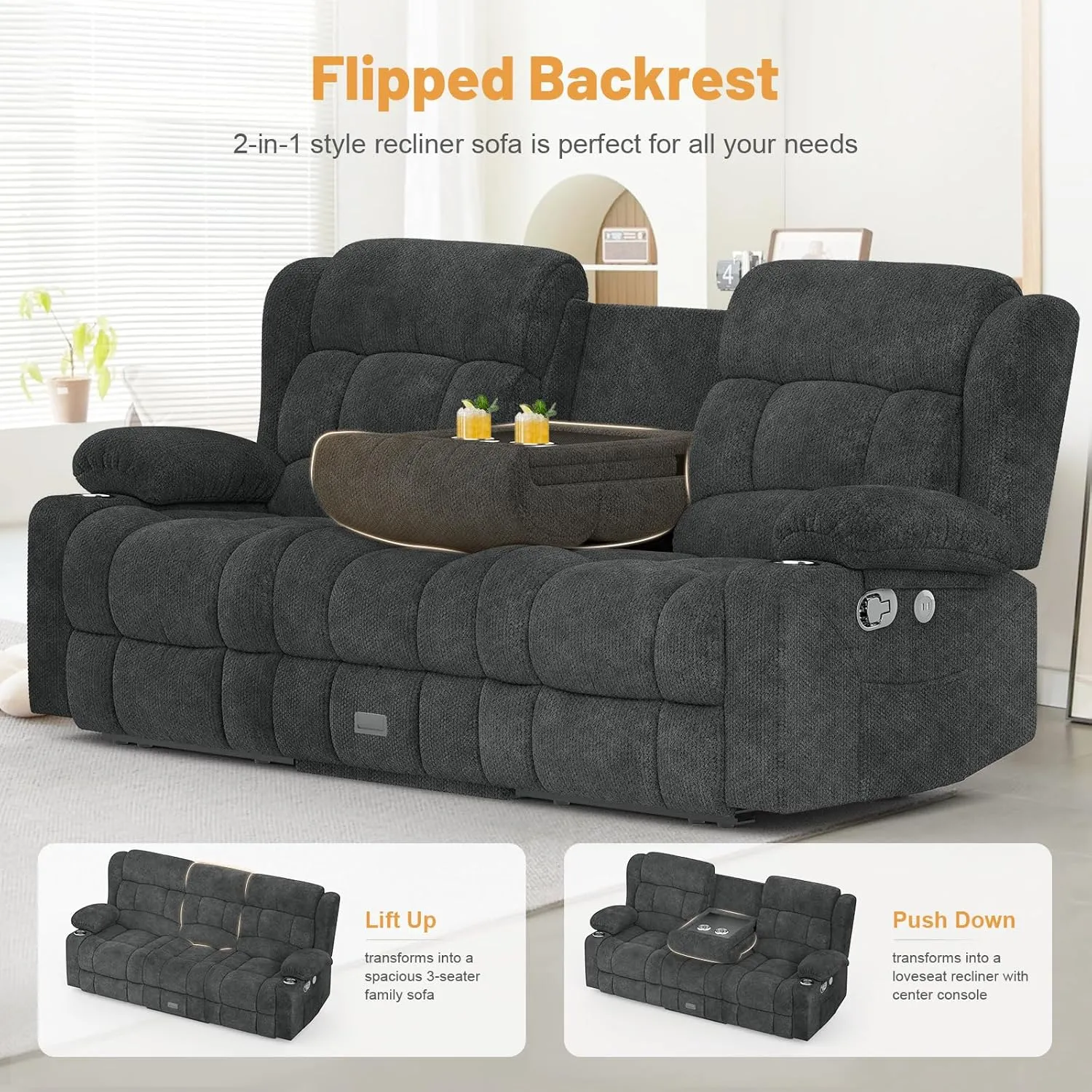 Loveseat Recliner Sofa, Flip Middle Backrest Design 3 Seat Reclining Sofa with Storage Drawer, USB Ports & Cup Holders, Manual Couch for Living Room/RV (Gray)