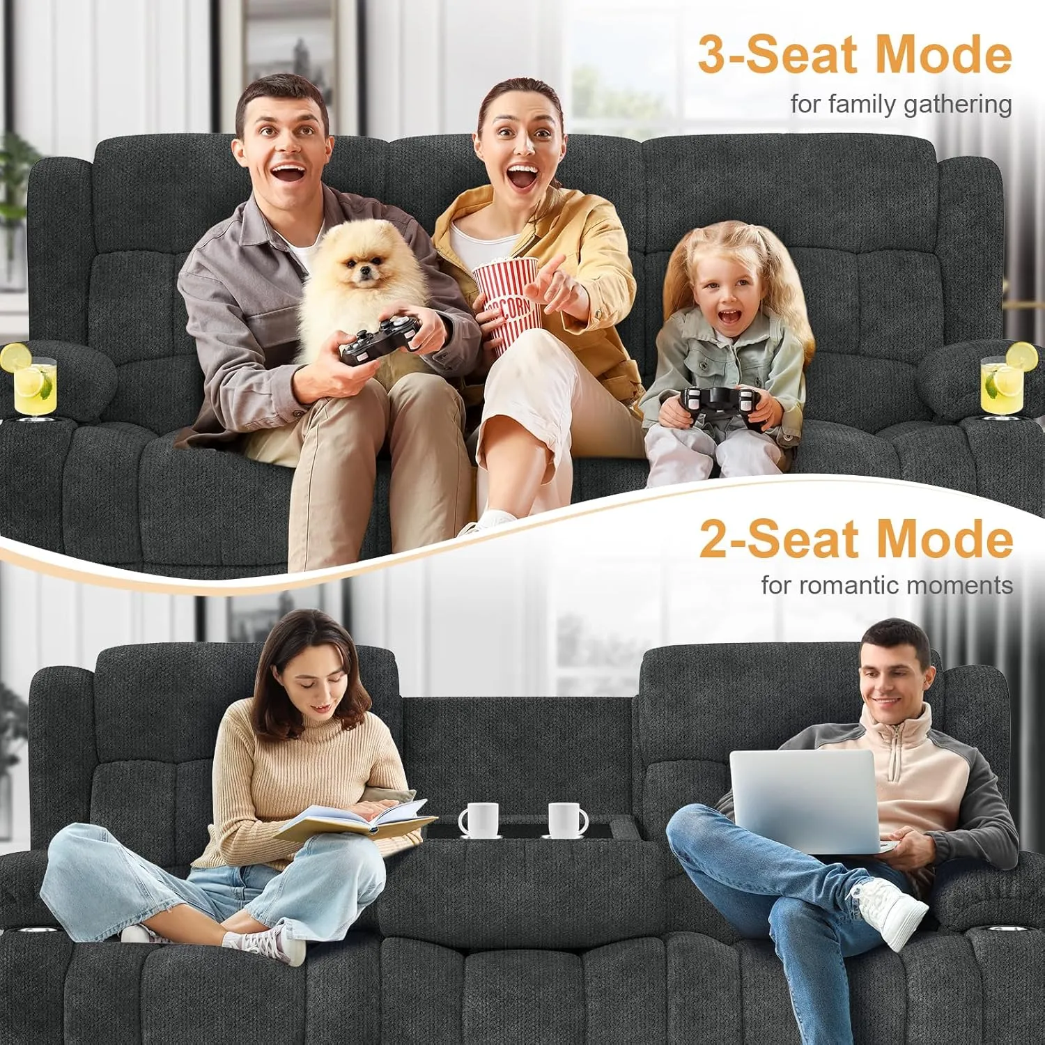 Loveseat Recliner Sofa, Flip Middle Backrest Design 3 Seat Reclining Sofa with Storage Drawer, USB Ports & Cup Holders, Manual Couch for Living Room/RV (Gray)