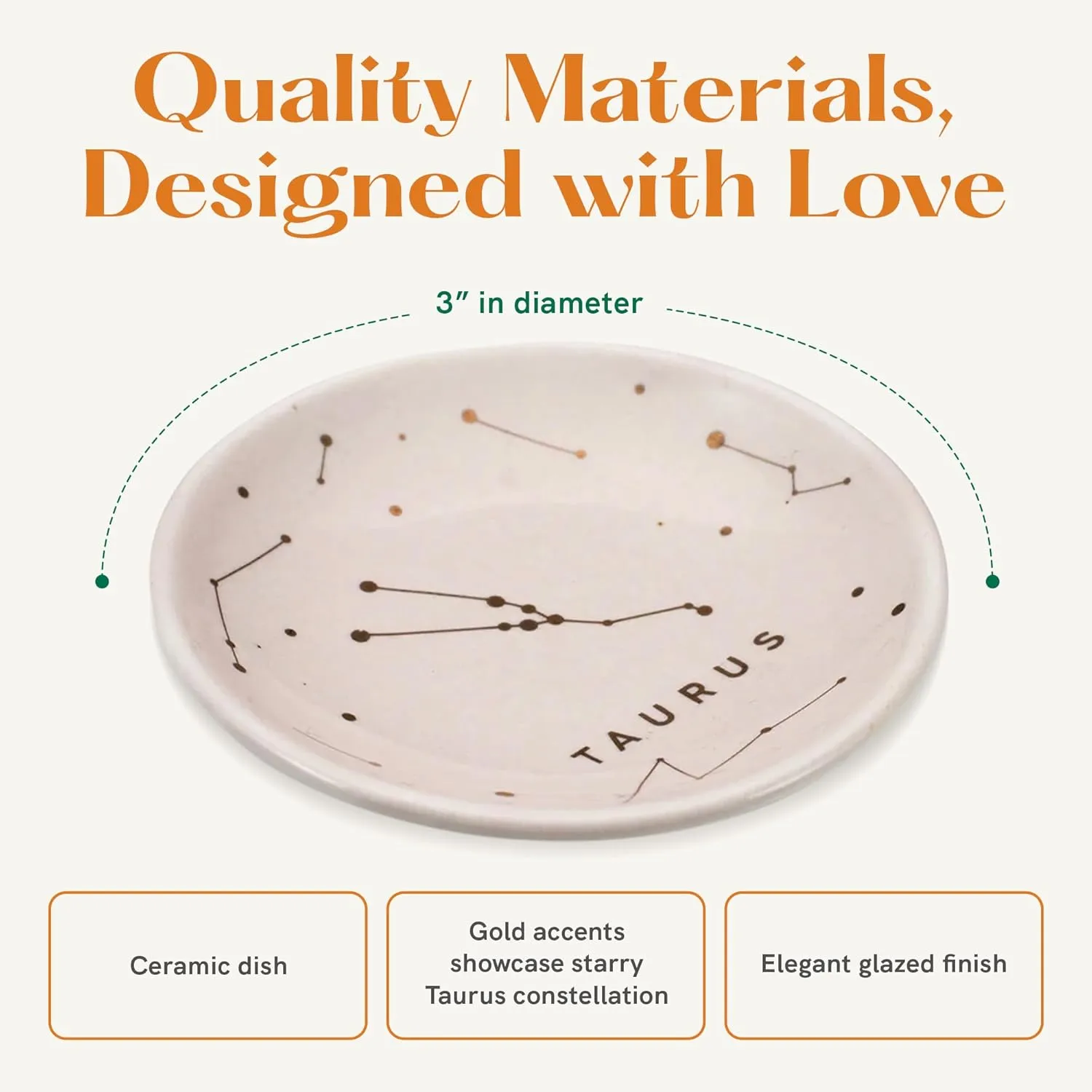 Lucky Feather Zodiac Ring Dish for Women – Glazed Ceramic Jewelry Tray with Astrological Constellation Depicted in Opulent Metallic Gold - Taurus