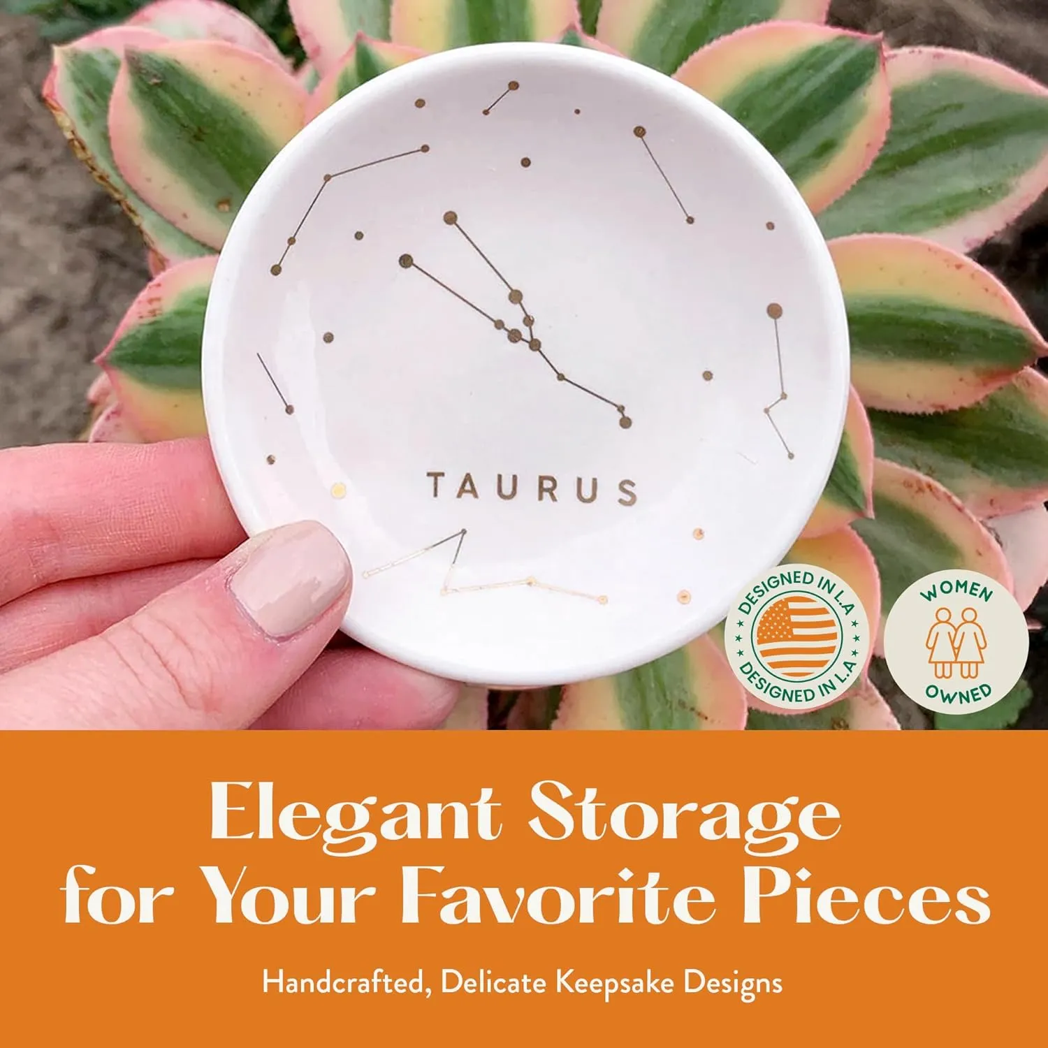 Lucky Feather Zodiac Ring Dish for Women – Glazed Ceramic Jewelry Tray with Astrological Constellation Depicted in Opulent Metallic Gold - Taurus