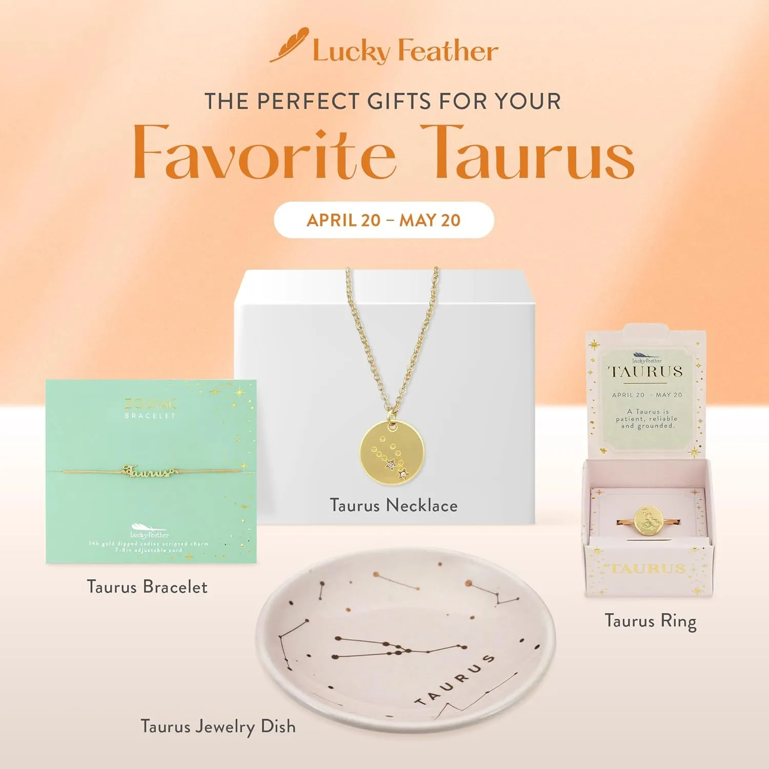 Lucky Feather Zodiac Ring Dish for Women – Glazed Ceramic Jewelry Tray with Astrological Constellation Depicted in Opulent Metallic Gold - Taurus