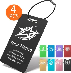 Luggage Tags for Suitcases 4 Pack, Vintage Logo Custom Metal Name Tags Engraved with Logo/Name/Text, Personalized Travel Bag Tags, Luggage Identifiers for Suitcase, Baggage, Golf Bag, Animal Case
