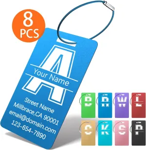 Luggage Tags for Suitcases 8 Pack, Letter Logo Custom Metal Name Tags Engraved with Logo/Name/Text, Personalized Travel Bag Tags, Luggage Identifiers for Suitcase, Baggage, Golf Bag, Animal Case