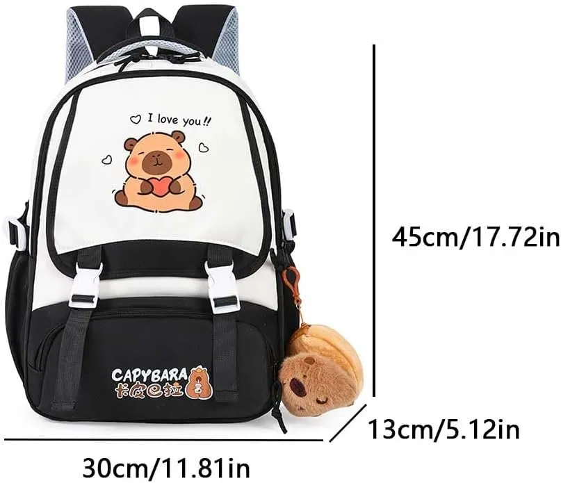 Lushandy Cute Capybara Backpack with Capybara Plush Keychain Kawaii Capibara Backpacks Large Nylon Laptop Bag