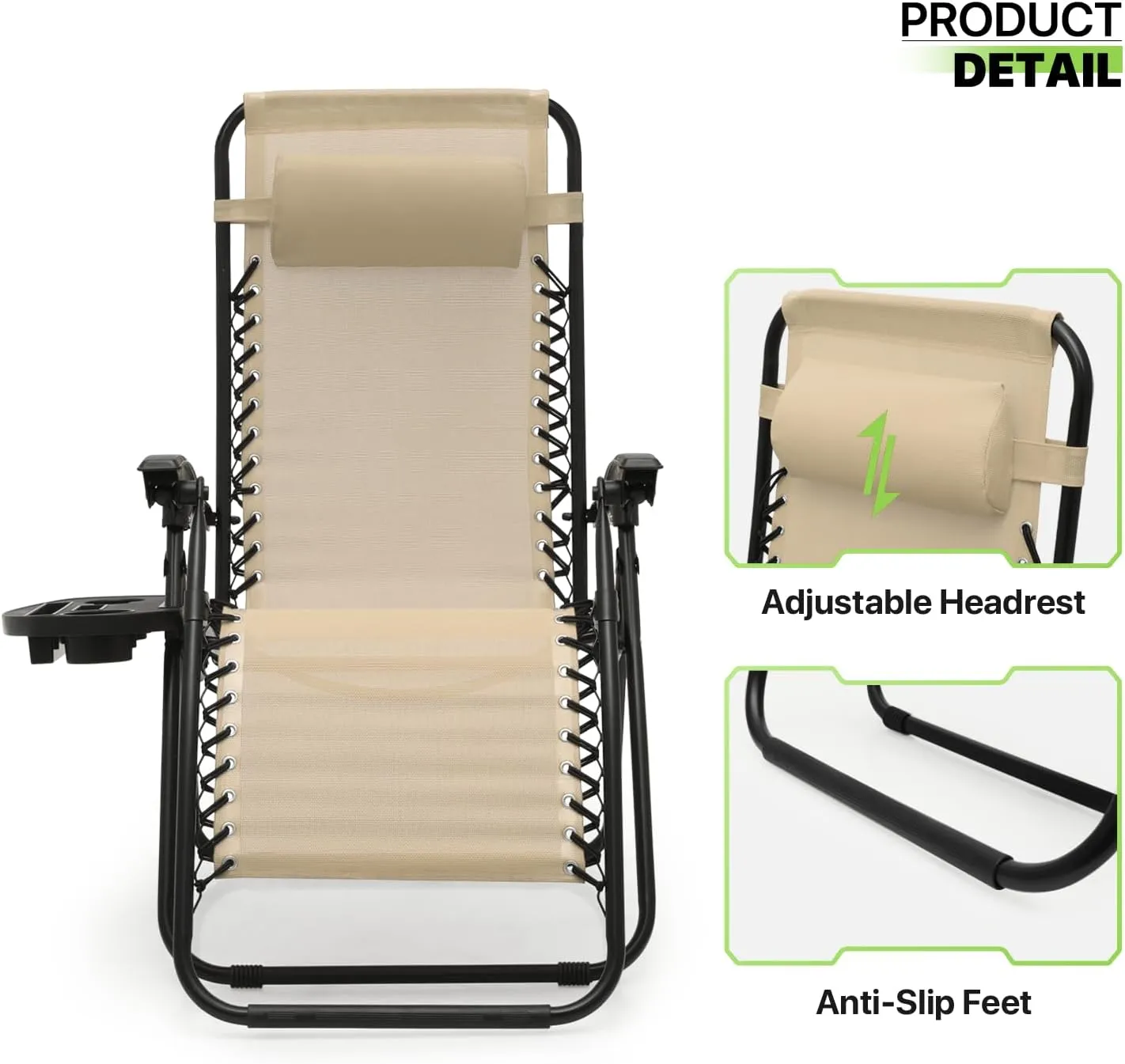 Magshion Zero Gravity Lounge Chairs Set of 2, Outdoor Patio Reclining Chair with Side Tray, Adjustable Anti-Gravity Recliners with Pillow Headrest, Folding Lounger for Lawn Camping Beach, Cream