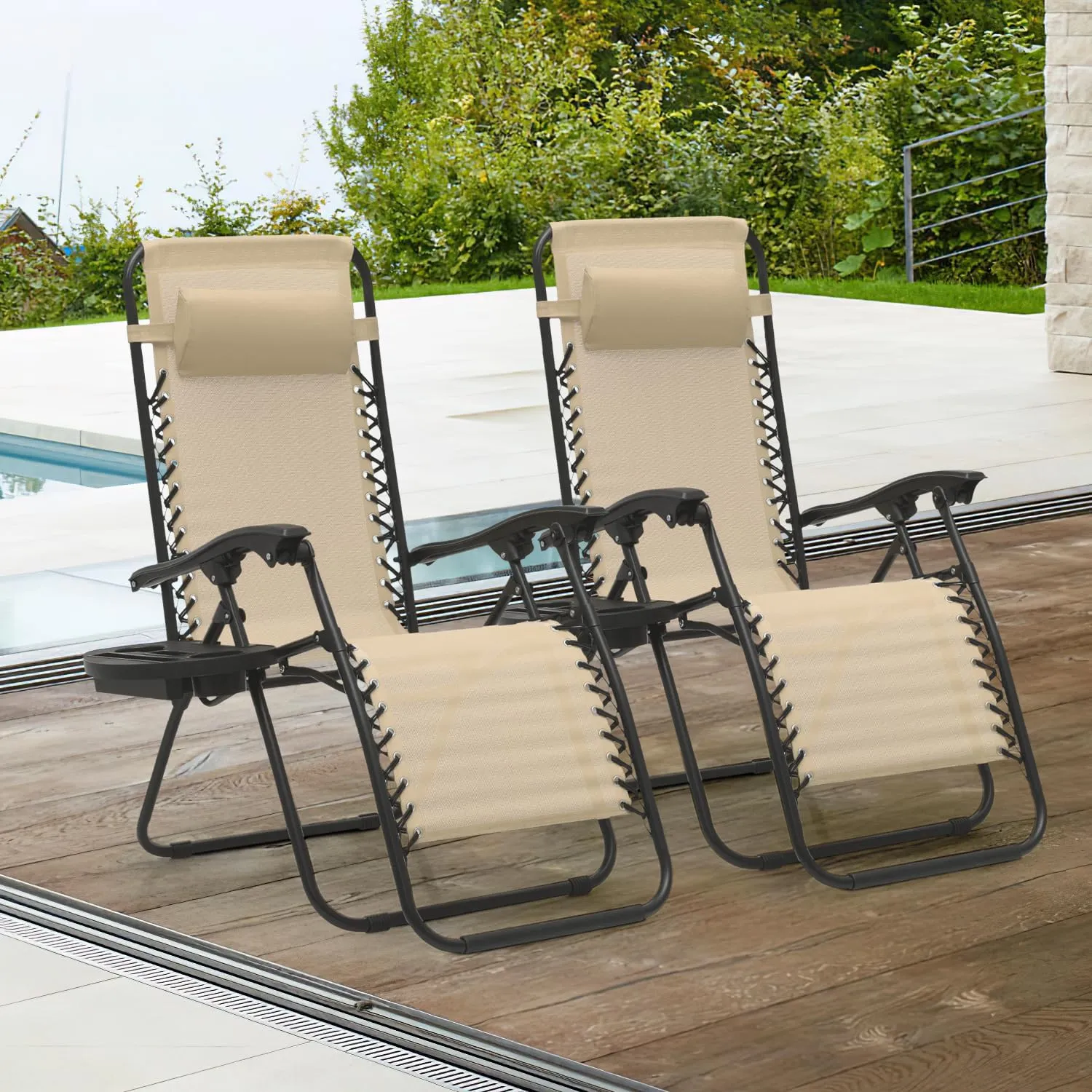 Magshion Zero Gravity Lounge Chairs Set of 2, Outdoor Patio Reclining Chair with Side Tray, Adjustable Anti-Gravity Recliners with Pillow Headrest, Folding Lounger for Lawn Camping Beach, Cream