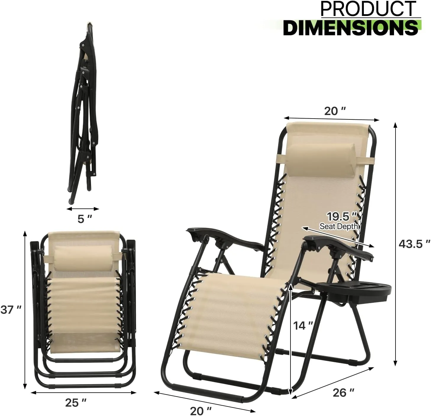 Magshion Zero Gravity Lounge Chairs Set of 2, Outdoor Patio Reclining Chair with Side Tray, Adjustable Anti-Gravity Recliners with Pillow Headrest, Folding Lounger for Lawn Camping Beach, Cream