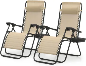 Magshion Zero Gravity Lounge Chairs Set of 2, Outdoor Patio Reclining Chair with Side Tray, Adjustable Anti-Gravity Recliners with Pillow Headrest, Folding Lounger for Lawn Camping Beach, Cream