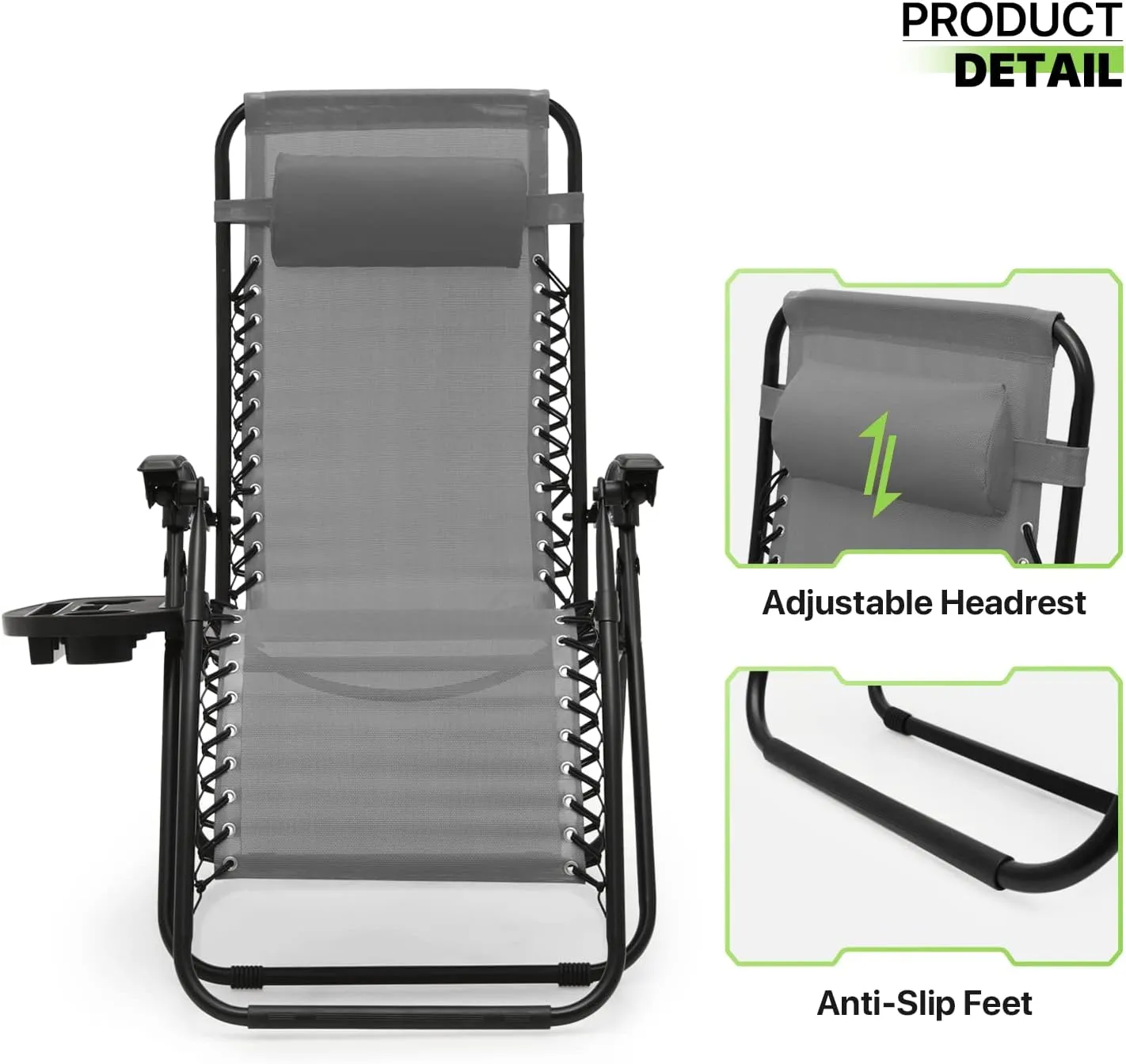 Magshion Zero Gravity Lounge Chairs Set of 2, Outdoor Patio Reclining Chair with Side Tray, Adjustable Anti-Gravity Recliners with Pillow Headrest, Folding Lounger for Lawn Camping Beach, Grey