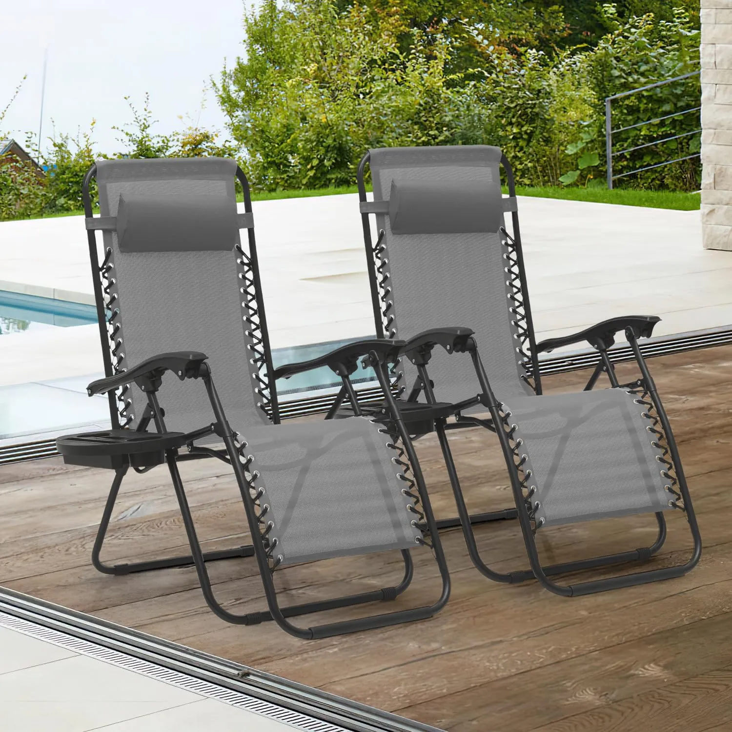 Magshion Zero Gravity Lounge Chairs Set of 2, Outdoor Patio Reclining Chair with Side Tray, Adjustable Anti-Gravity Recliners with Pillow Headrest, Folding Lounger for Lawn Camping Beach, Grey