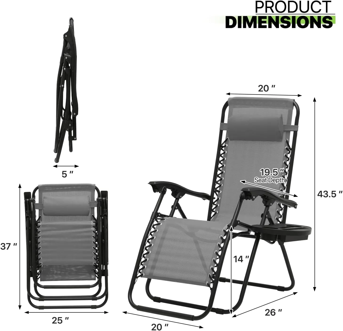 Magshion Zero Gravity Lounge Chairs Set of 2, Outdoor Patio Reclining Chair with Side Tray, Adjustable Anti-Gravity Recliners with Pillow Headrest, Folding Lounger for Lawn Camping Beach, Grey