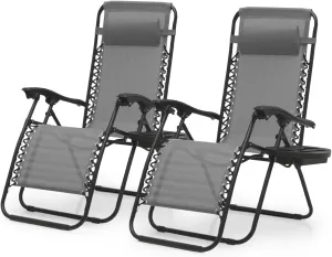 Magshion Zero Gravity Lounge Chairs Set of 2, Outdoor Patio Reclining Chair with Side Tray, Adjustable Anti-Gravity Recliners with Pillow Headrest, Folding Lounger for Lawn Camping Beach, Grey