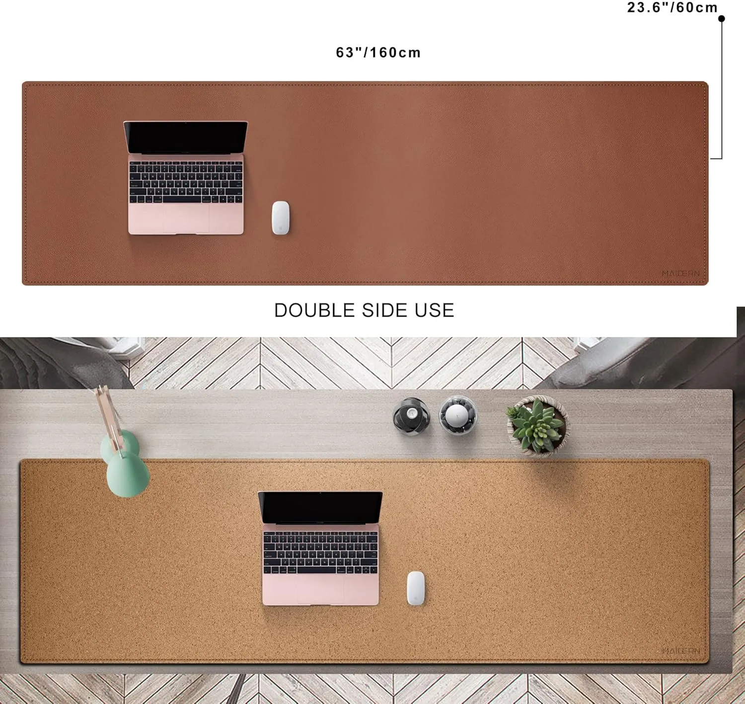 MAIDERN Cork & Leather Large XXL Desk Mat, Dual Sided - Full Desk Mouse Pad, Desk Pad Protector for Gaming Home Office (Brown)