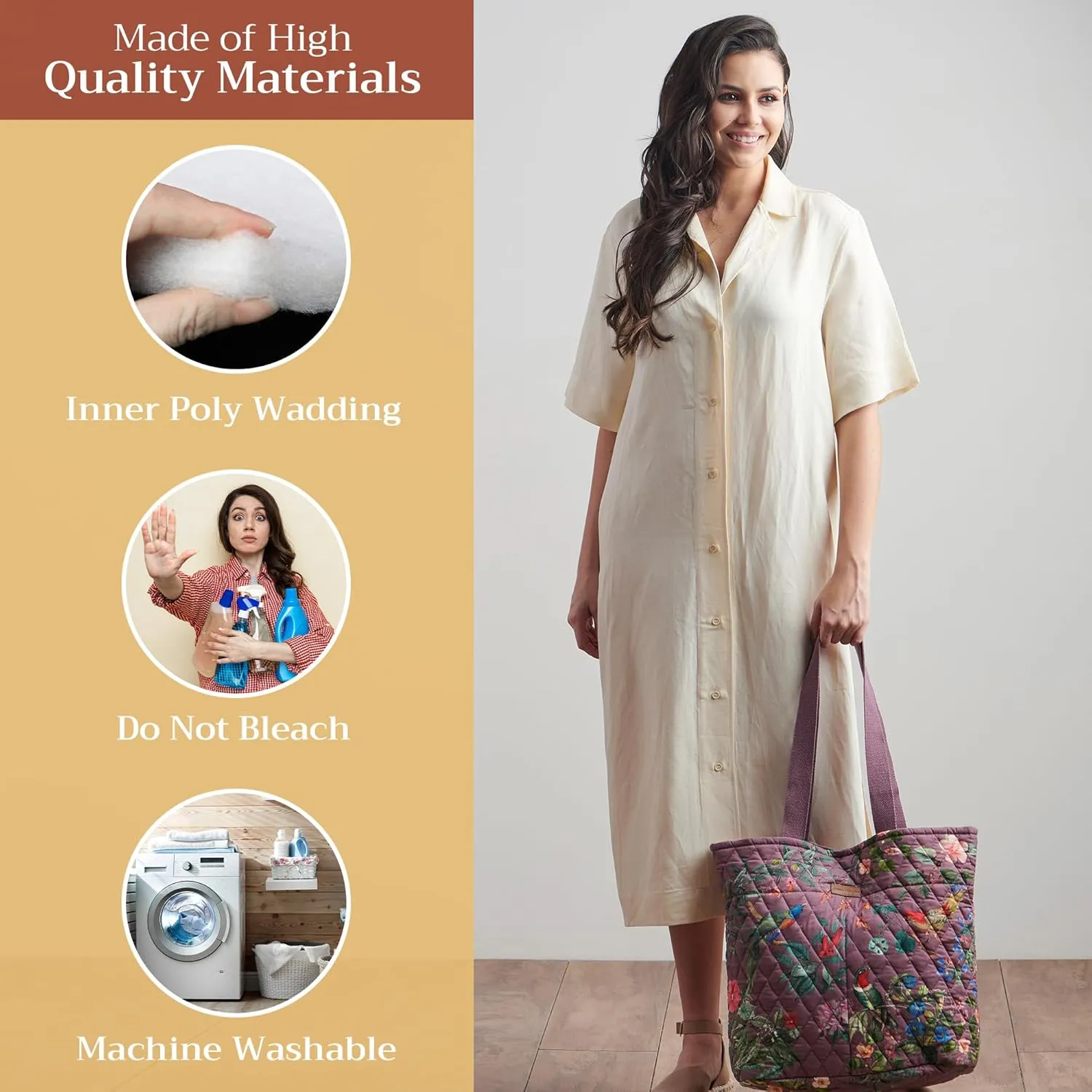 Maison d' Hermine Shopping Bag Cotton Quilted Tote Bag with Zipper Pockets & Small Pouch Grocery Bag for Work Travel Lunch