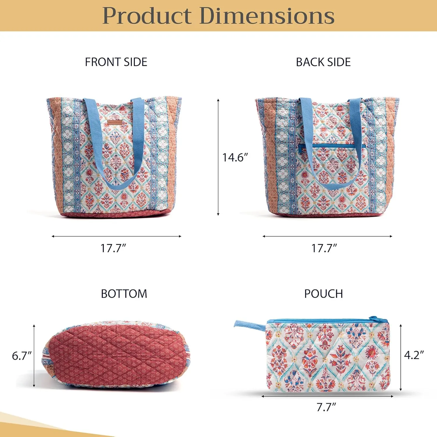 Maison d' Hermine Shopping Bag Cotton Quilted Tote Bag with Zipper Pockets & Small Pouch Grocery Bag for Work Travel Lunch