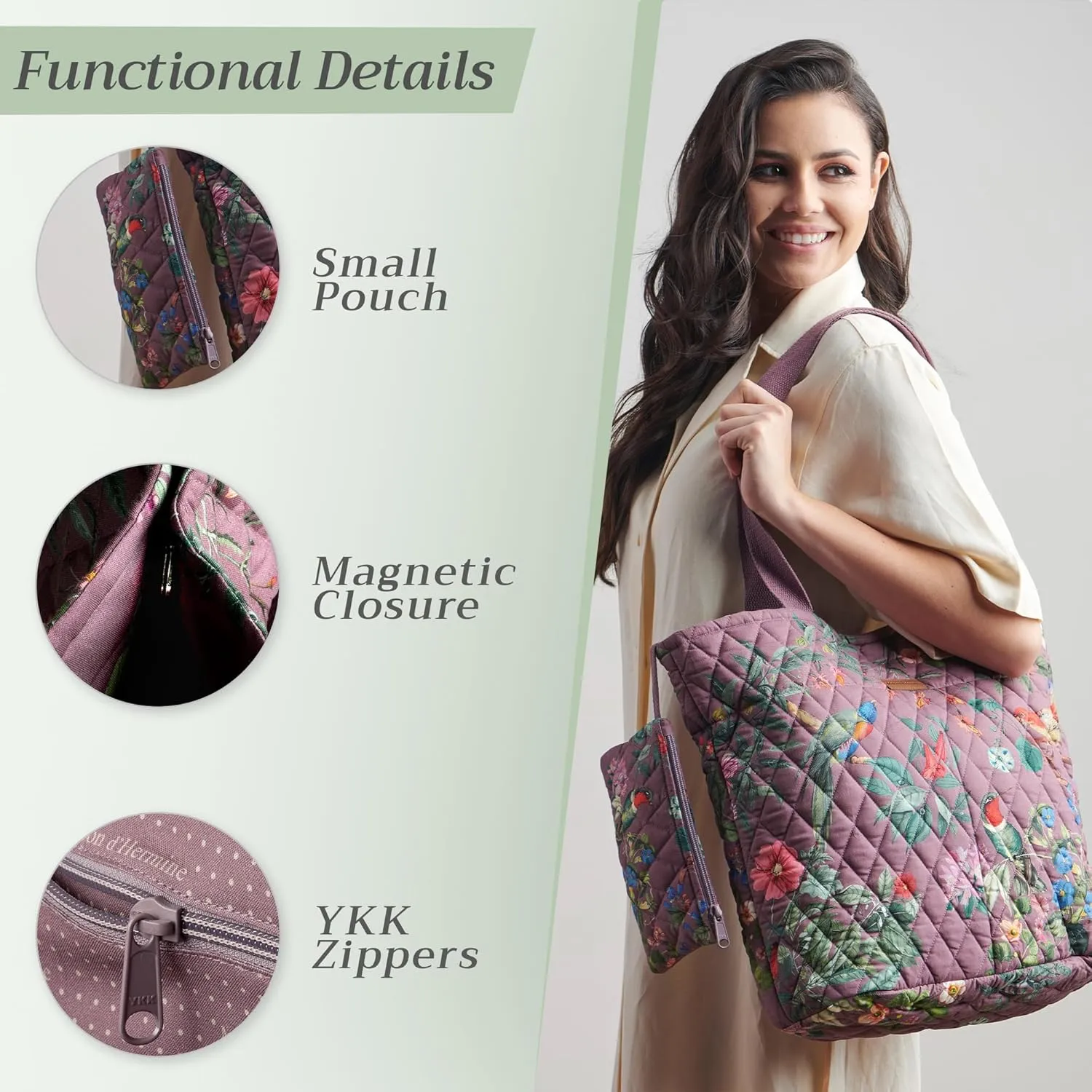 Maison d' Hermine Shopping Bag Cotton Quilted Tote Bag with Zipper Pockets & Small Pouch Grocery Bag for Work Travel Lunch