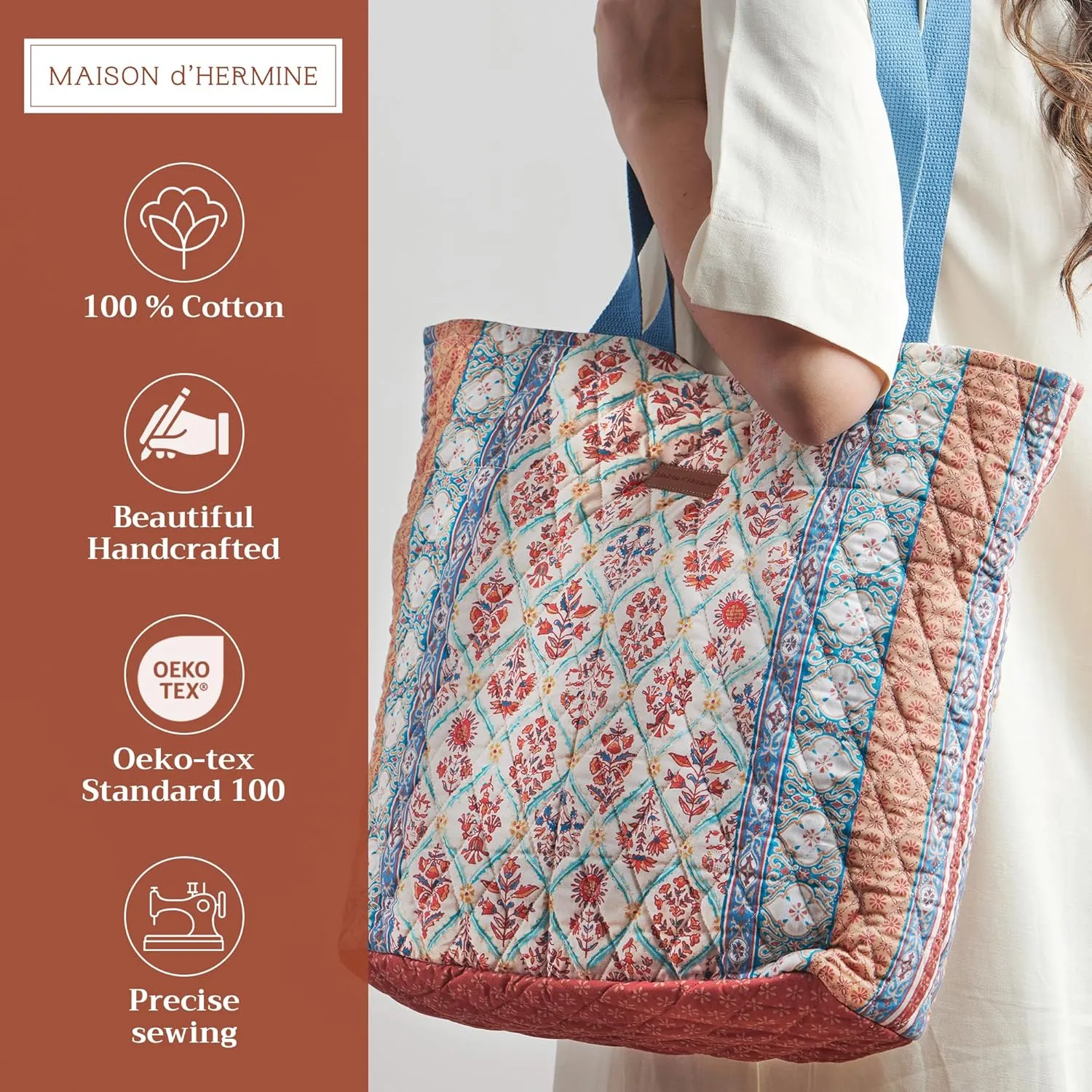 Maison d' Hermine Shopping Bag Cotton Quilted Tote Bag with Zipper Pockets & Small Pouch Grocery Bag for Work Travel Lunch