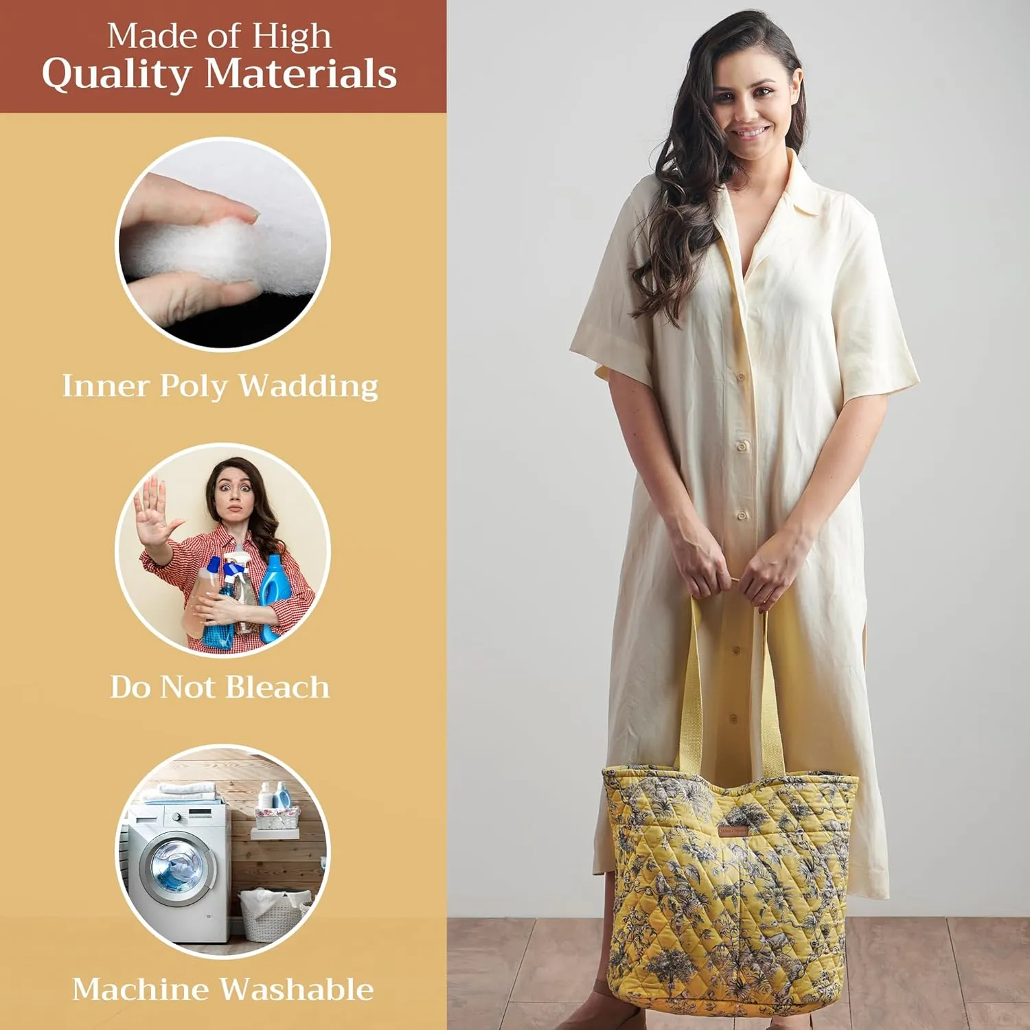Maison d' Hermine Shopping Bag Cotton Quilted Tote Bag with Zipper Pockets & Small Pouch Grocery Bag for Work Travel Lunch