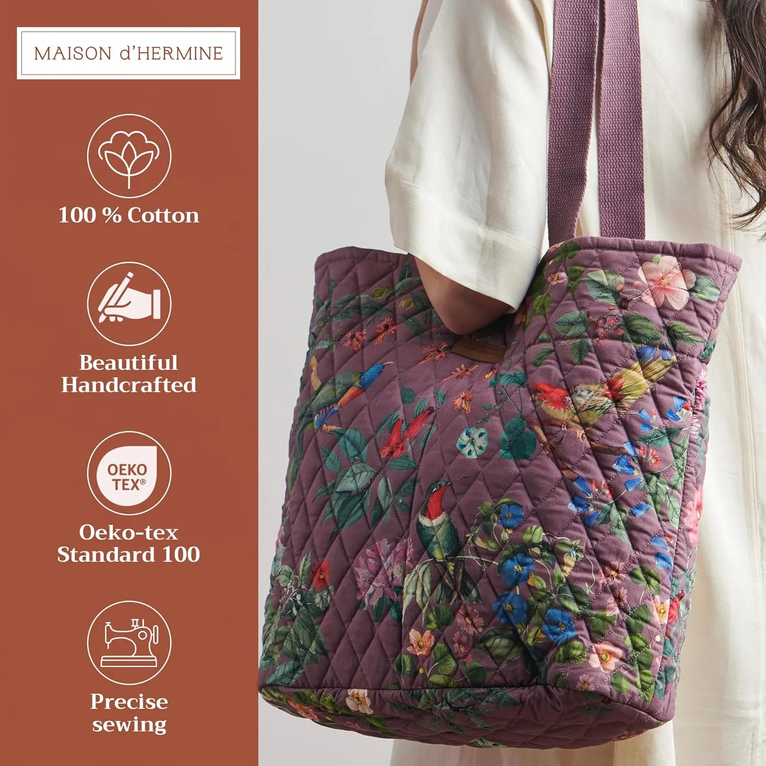 Maison d' Hermine Shopping Bag Cotton Quilted Tote Bag with Zipper Pockets & Small Pouch Grocery Bag for Work Travel Lunch
