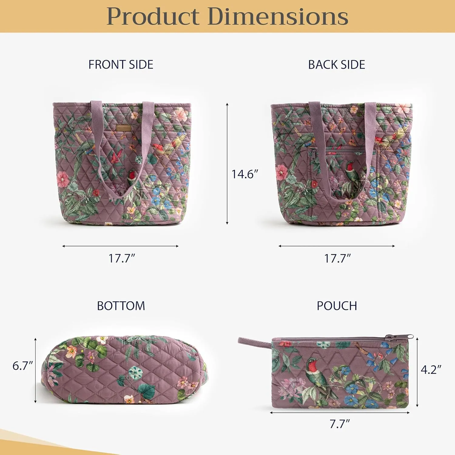 Maison d' Hermine Shopping Bag Cotton Quilted Tote Bag with Zipper Pockets & Small Pouch Grocery Bag for Work Travel Lunch
