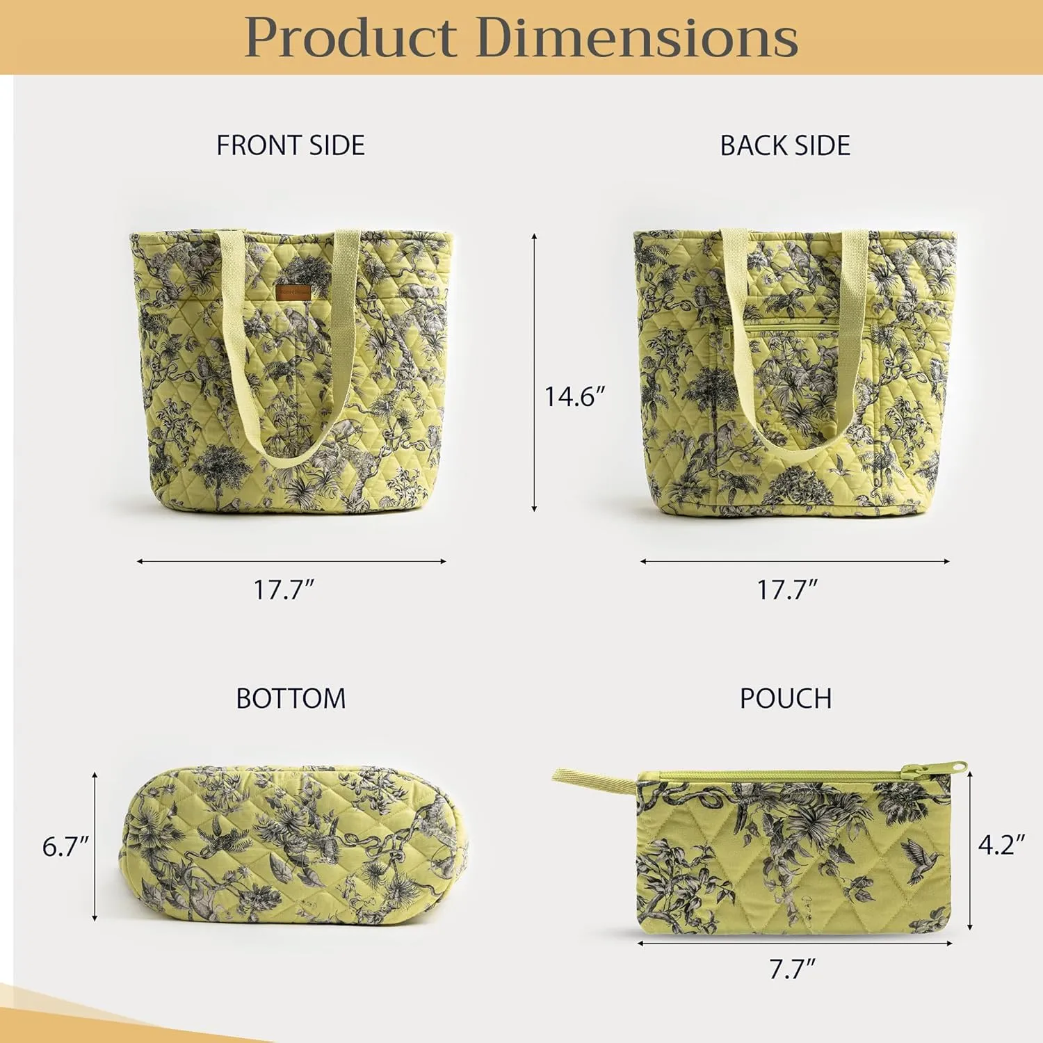 Maison d' Hermine Shopping Bag Cotton Quilted Tote Bag with Zipper Pockets & Small Pouch Grocery Bag for Work Travel Lunch