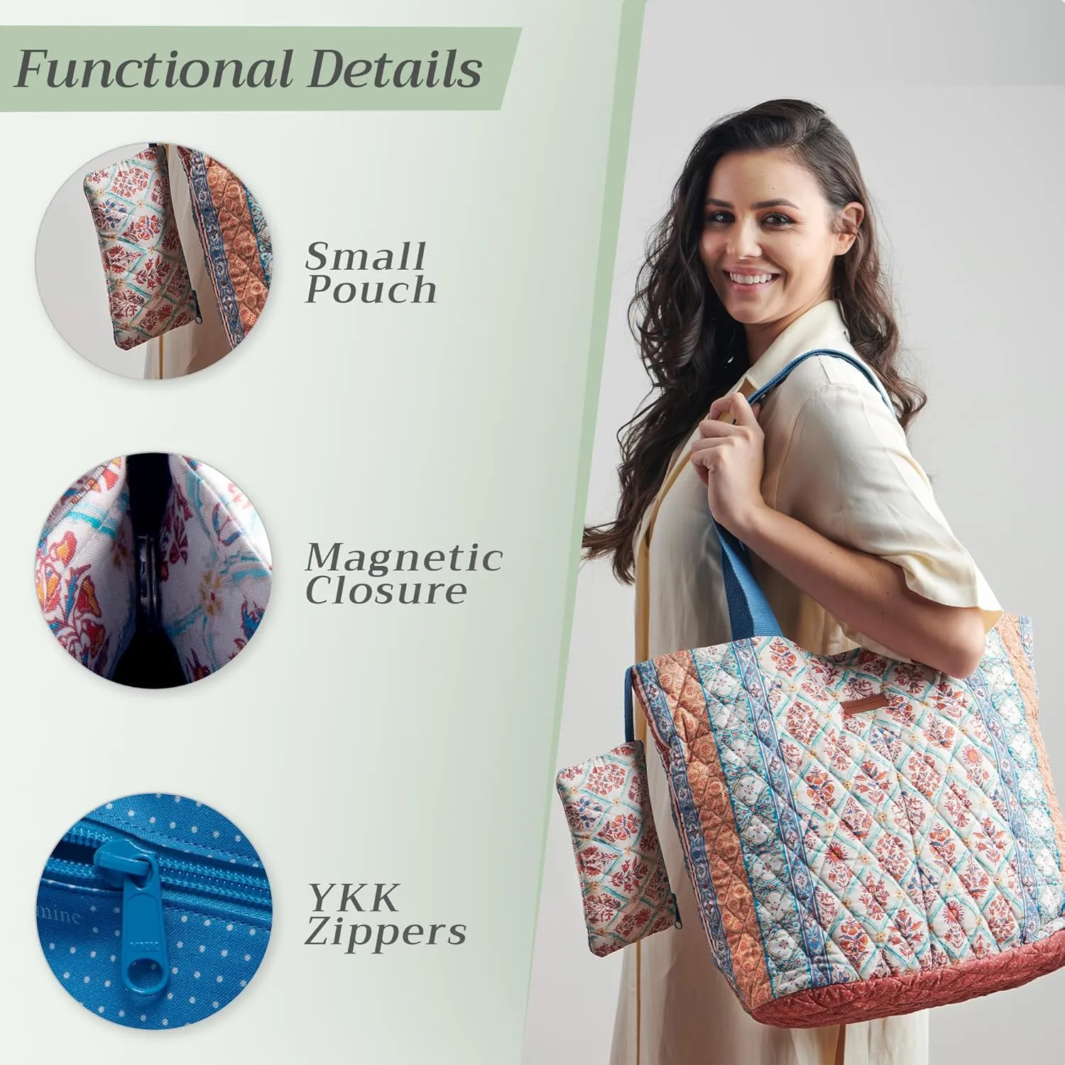 Maison d' Hermine Shopping Bag Cotton Quilted Tote Bag with Zipper Pockets & Small Pouch Grocery Bag for Work Travel Lunch