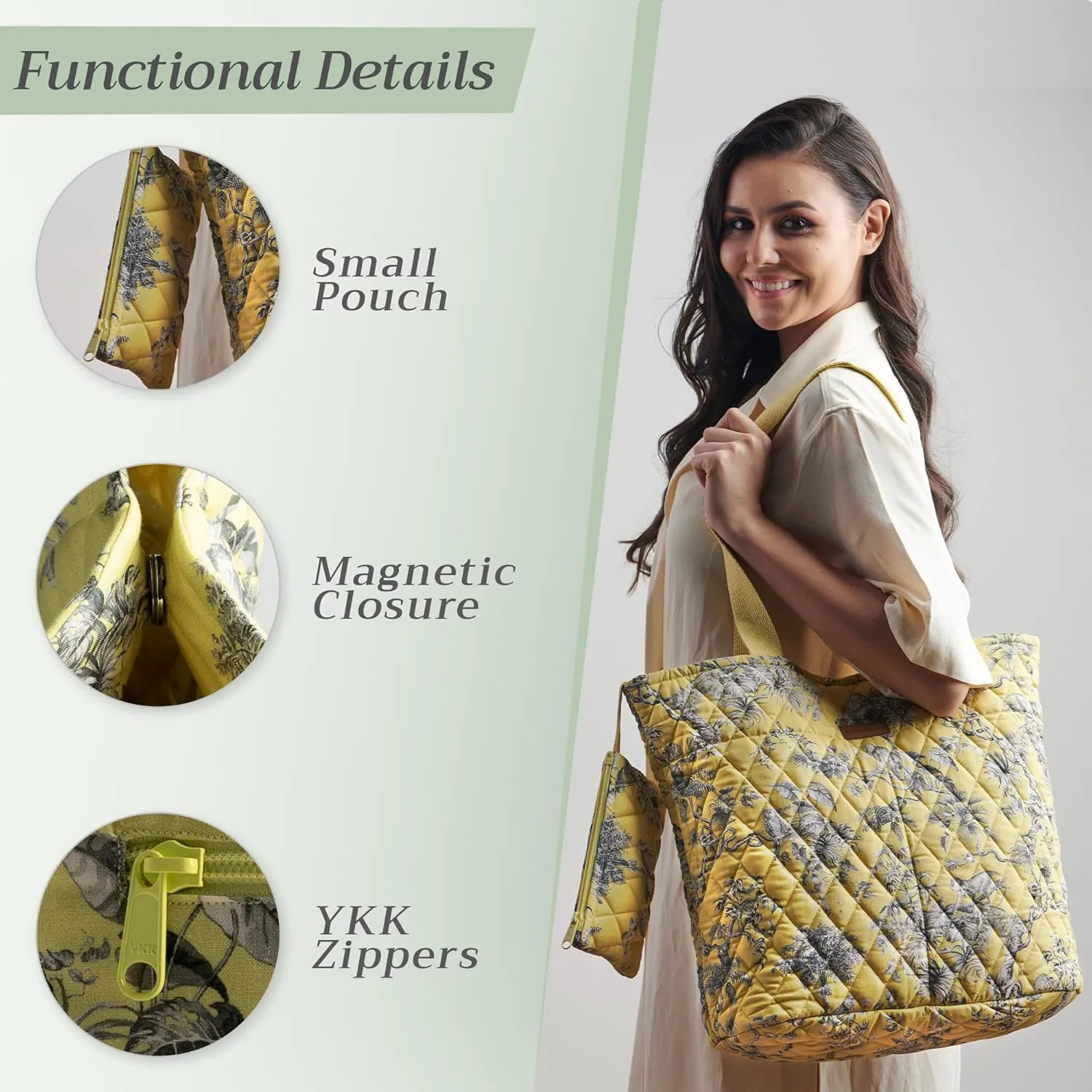 Maison d' Hermine Shopping Bag Cotton Quilted Tote Bag with Zipper Pockets & Small Pouch Grocery Bag for Work Travel Lunch