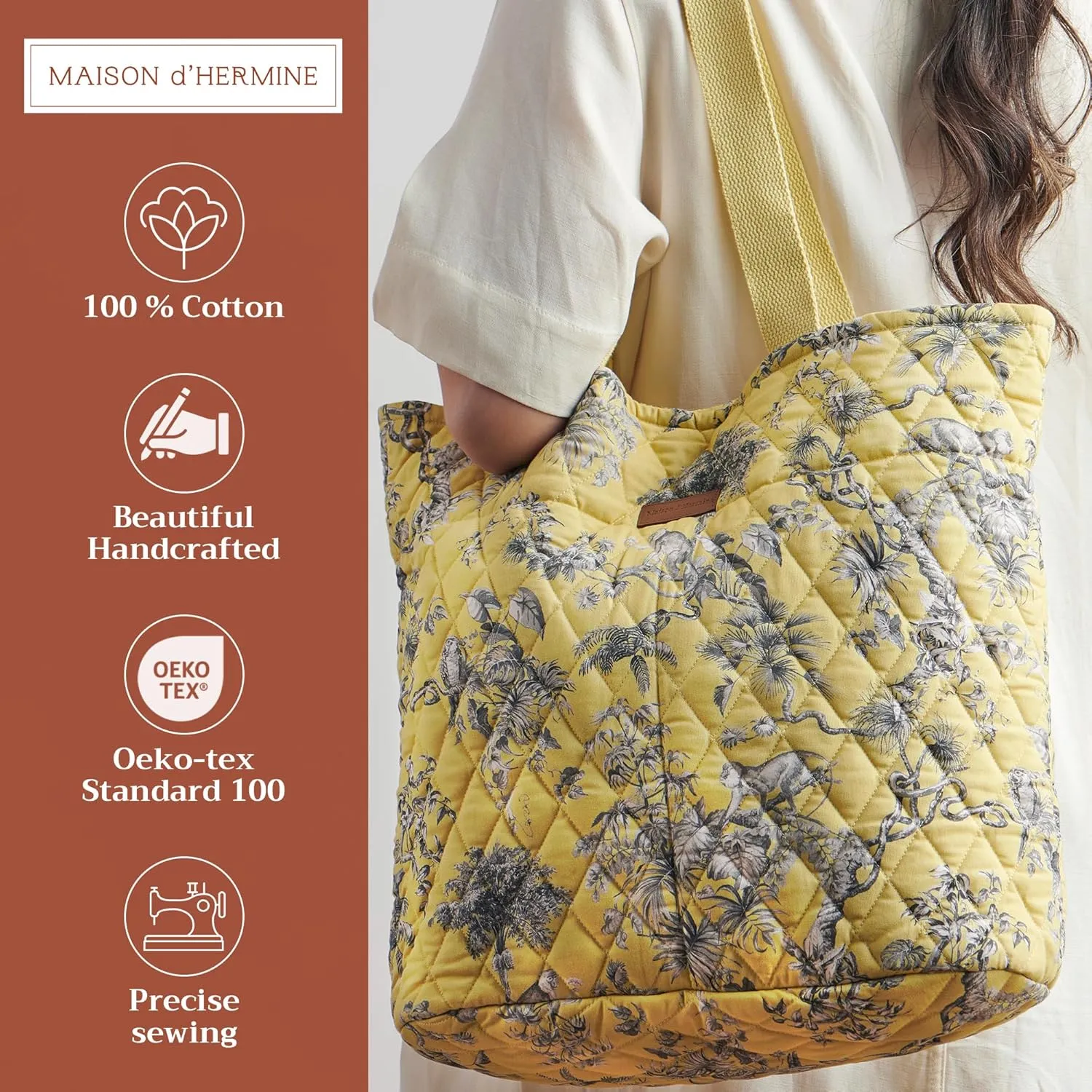 Maison d' Hermine Shopping Bag Cotton Quilted Tote Bag with Zipper Pockets & Small Pouch Grocery Bag for Work Travel Lunch