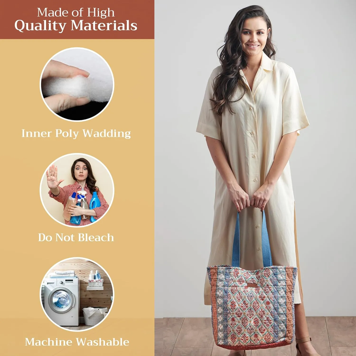 Maison d' Hermine Shopping Bag Cotton Quilted Tote Bag with Zipper Pockets & Small Pouch Grocery Bag for Work Travel Lunch