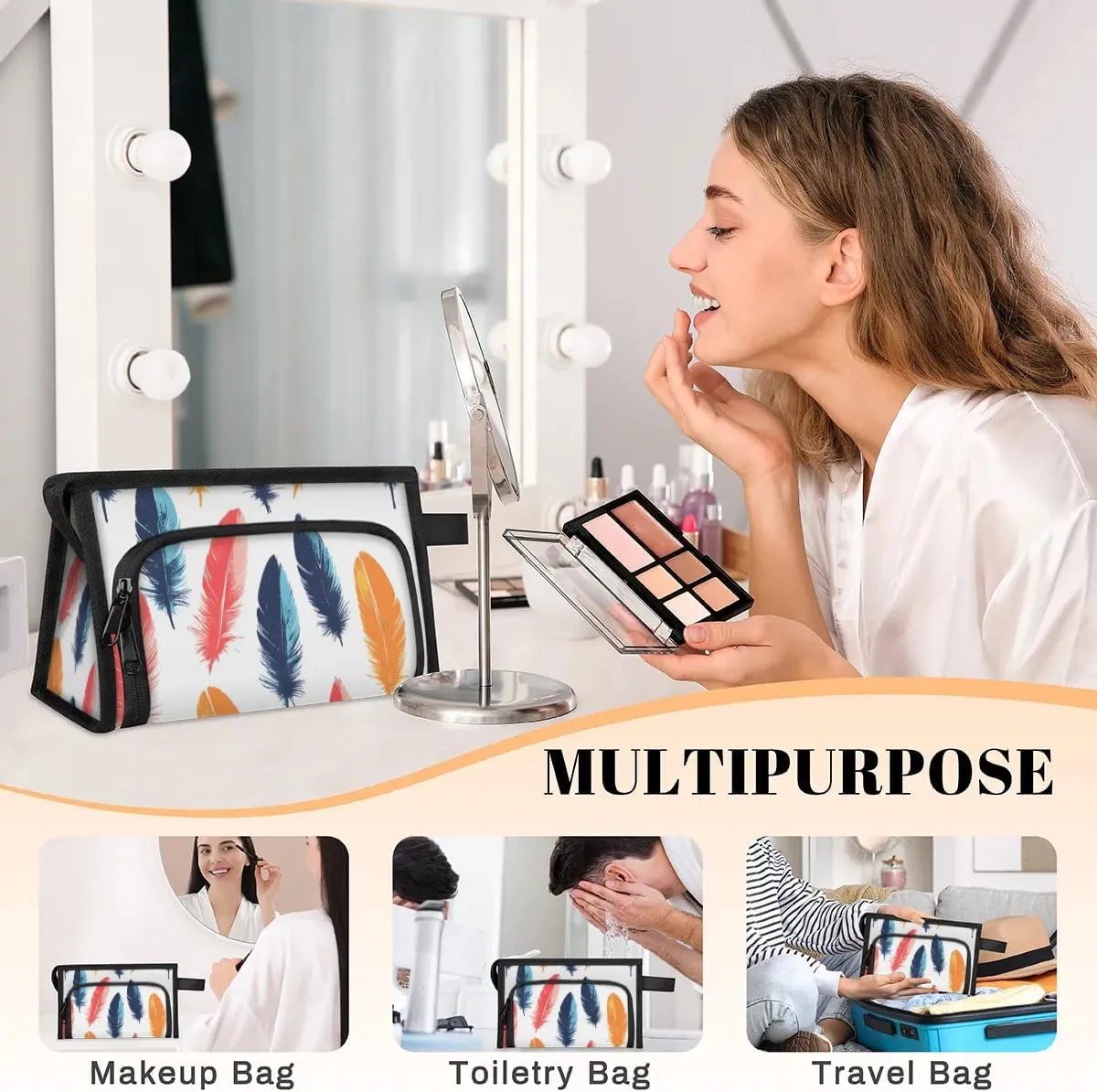 Makeup Bag Bird-feather Travel Toiletry Bag Makeup Organizer Portable Make Up Bags for Women Cosmetic Bag with Handle