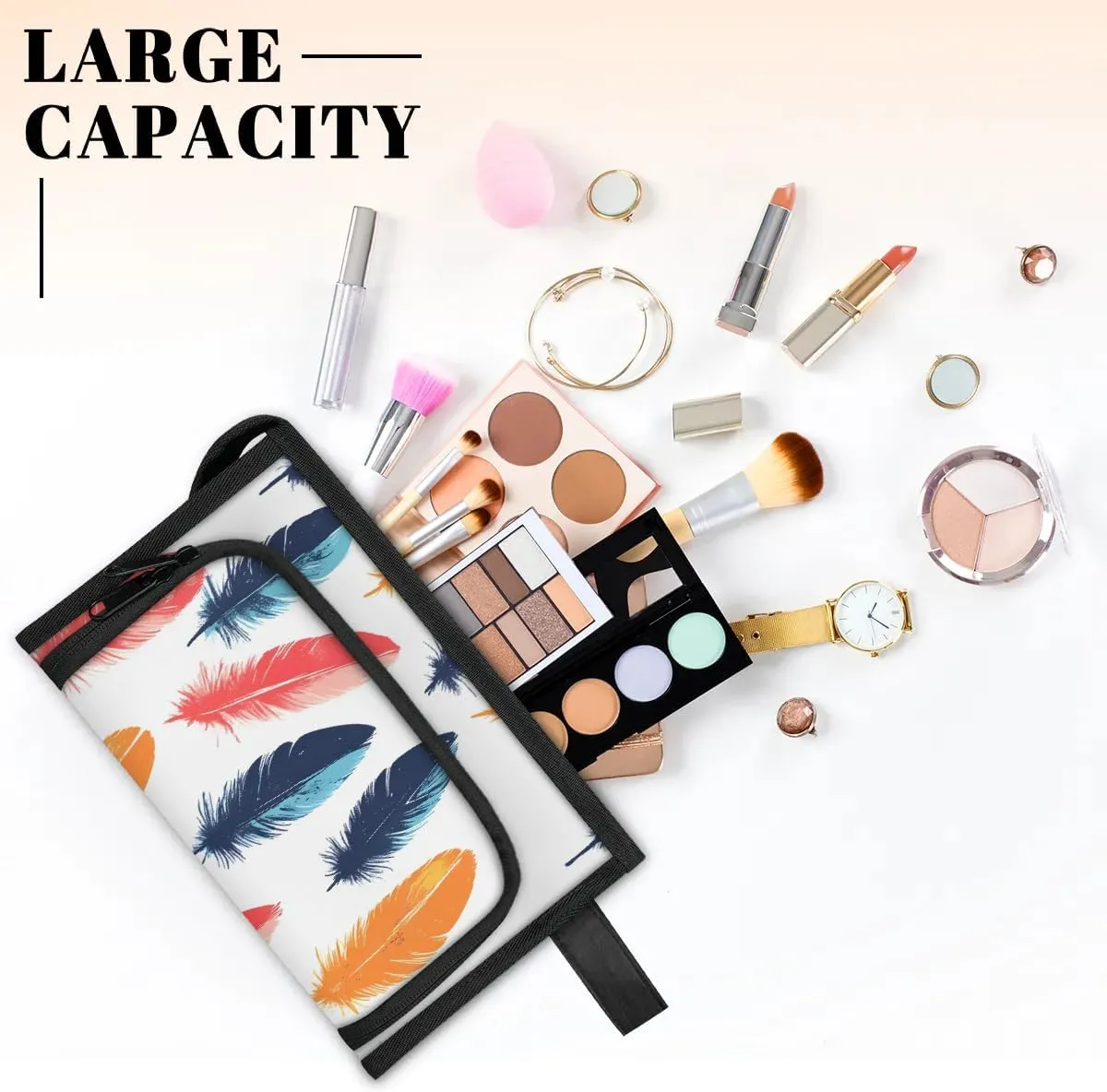 Makeup Bag Bird-feather Travel Toiletry Bag Makeup Organizer Portable Make Up Bags for Women Cosmetic Bag with Handle