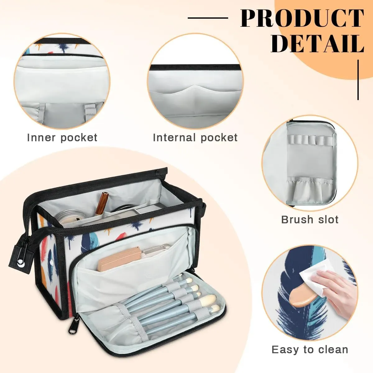 Makeup Bag Bird-feather Travel Toiletry Bag Makeup Organizer Portable Make Up Bags for Women Cosmetic Bag with Handle