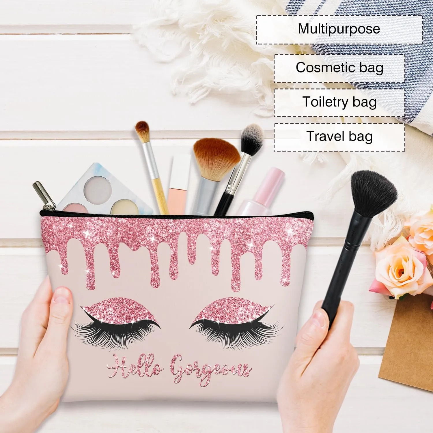 Makeup Bag - Hello Gorgeous, Inspirational Gift for Her, Women, Girl, Sister, Friend, Mom, Coworker, Glitters Eyeshadows Makeup Bag Purse, Toiletry Makeup Bag Pouch Travel Accessories -14