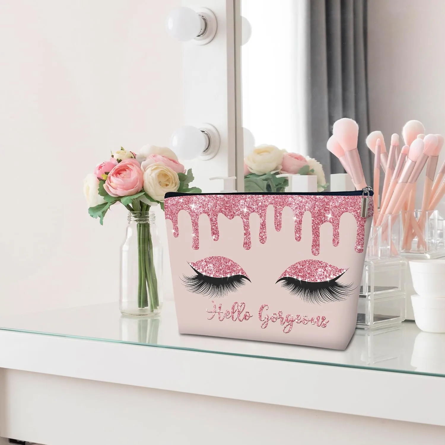 Makeup Bag - Hello Gorgeous, Inspirational Gift for Her, Women, Girl, Sister, Friend, Mom, Coworker, Glitters Eyeshadows Makeup Bag Purse, Toiletry Makeup Bag Pouch Travel Accessories -14