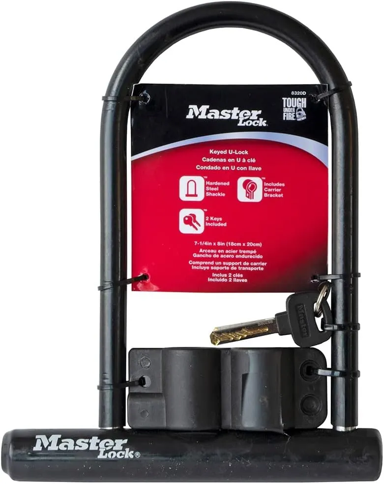Master Lock Black Bike Lock with Key, Standard Size U-Lock for Bicycles and Other Outdoor Equipment, Anti-Theft Lock for Bikes, 8320D