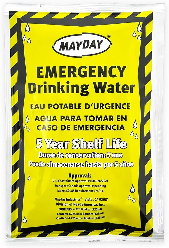 Mayday Pouch Water, Coast Guard Emergency Water, 5-Year Shelf LIfe, Disaster Preparedness Supplies for, Earthquake, Fire, Flood, Leak-Proof Pouches, 4.225 Oz/125Ml 50 Pack