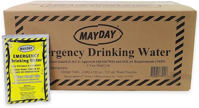 Mayday Pouch Water, Coast Guard Emergency Water, 5-Year Shelf LIfe, Disaster Preparedness Supplies for, Earthquake, Fire, Flood, Leak-Proof Pouches, 4.225 Oz/125Ml 50 Pack